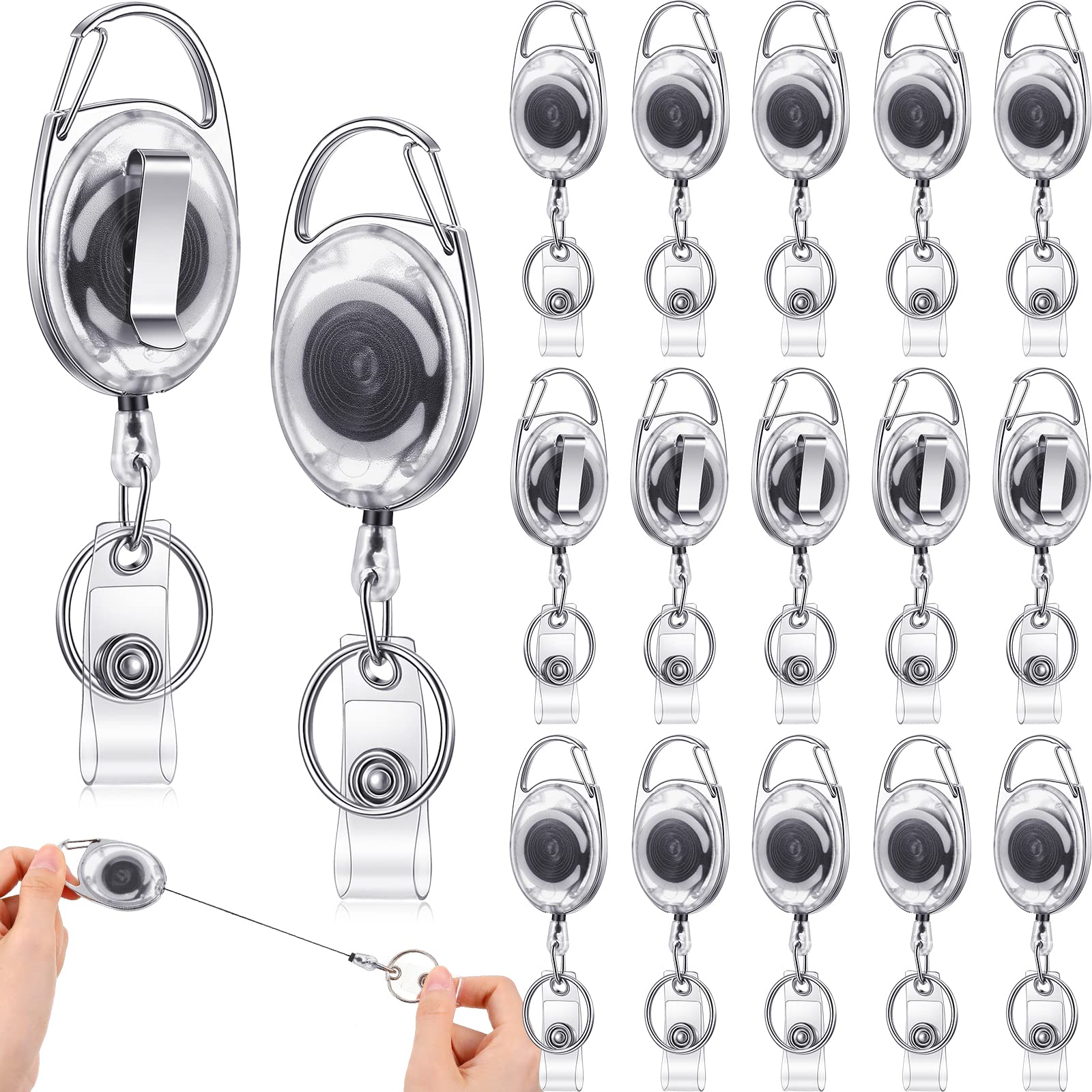 15 Pack Clear Retractable Badge Reels with Carabiner & Key Ring - Heavy Duty ID Lanyard Card Holder Clips for Nurse, School, Office Employees (White) - Perfect for Hospitals, Conferences & Security Access