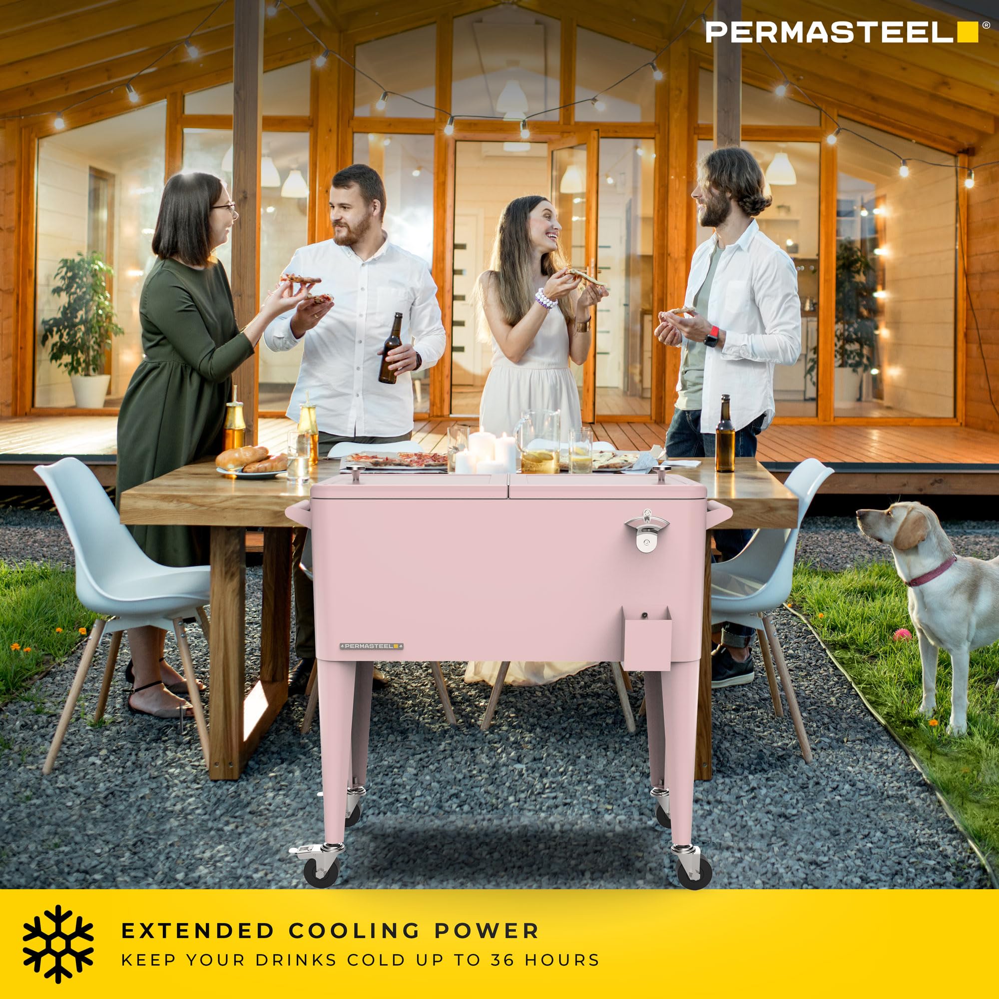 Permasteel 80-Quart Classic Outdoor Patio Cooler with Wheels & Handles - Retro Design Beverage Bar Cart for Picnics, BBQs, Camping & Tailgating