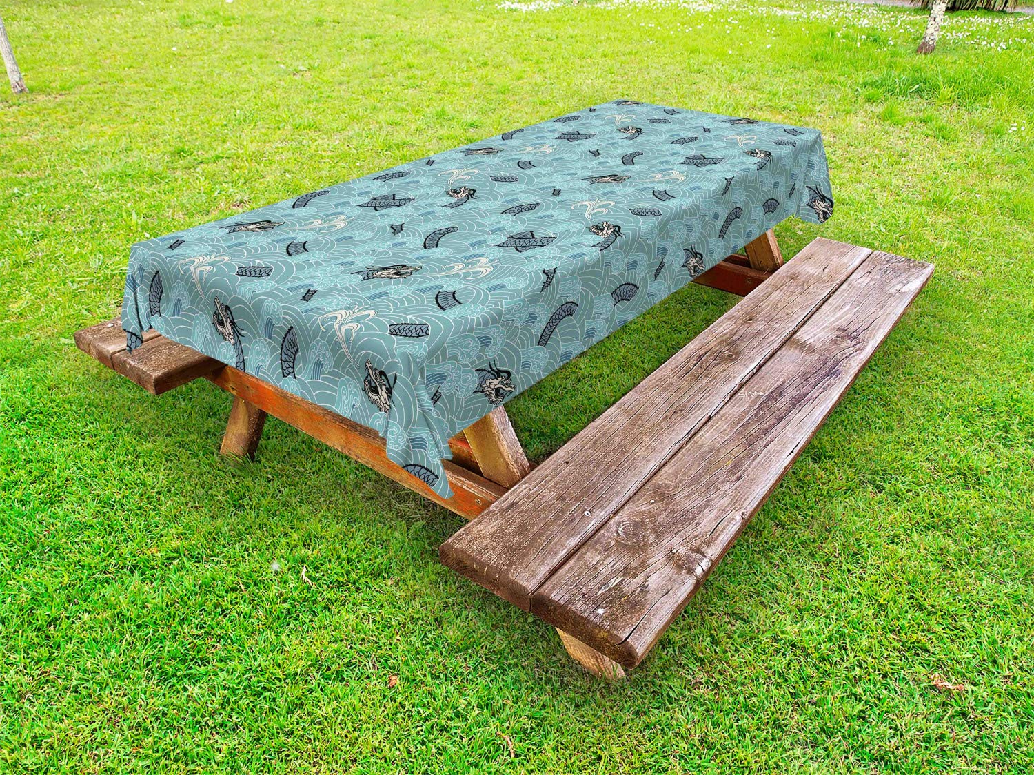 Ambesonne Japanese Wave Waterproof Outdoor Tablecloth - Dragon & Ocean Monster Fantasy Print, Washable Picnic Table Cover 58x120 Inches - White Teal Grey for Beach Parties, BBQs, and Garden Decor