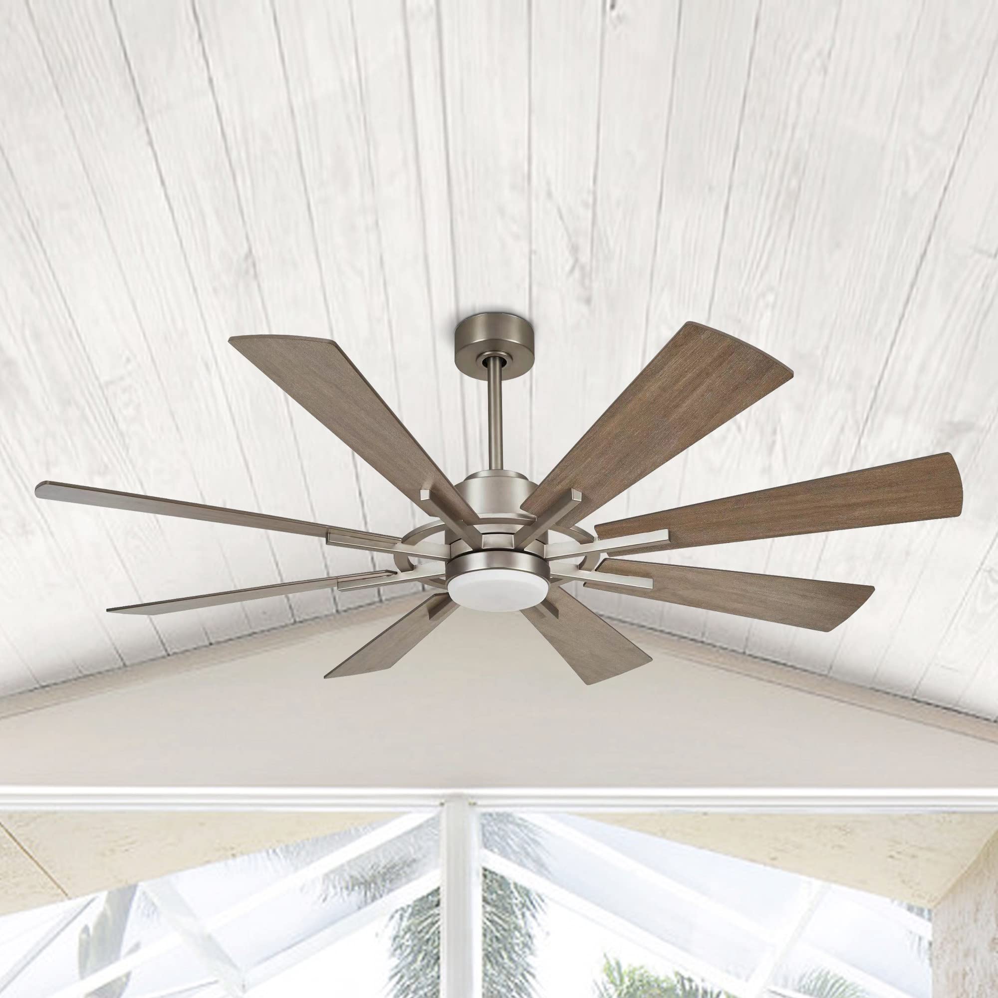 60 Inch Outdoor Ceiling Fan with Lights & Remote - Large Patio Ceiling Fan in Satin Nickel by Parrot Uncle | Perfect for Covered Porches, Decks & Backyards