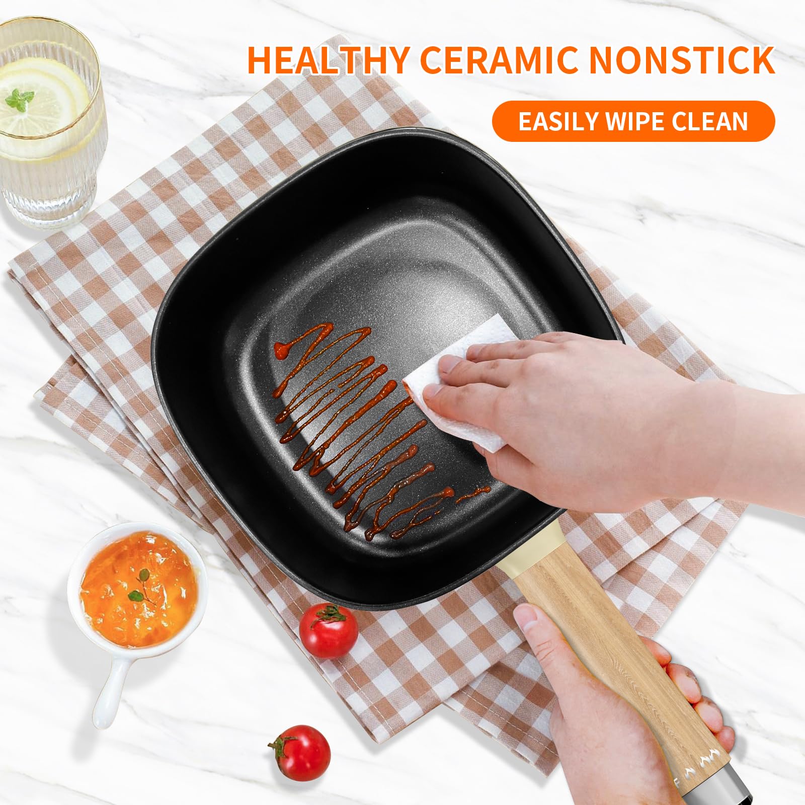 Audecook 2L Electric Hot Pot with Ceramic Non-Stick Coating, 8-Inch Portable Travel Cooker for Ramen, Steak, Fried Rice & Soup - Dual Power Control - Perfect for Dorms, Camping & Small Kitchens (Includes Silicone Spatula)
