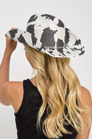 Black and White Cow Print Drawstring Western Cowboy Hat for Women & Men - Perfect for Rodeo, Country Music Festivals, and Western Costume Parties
