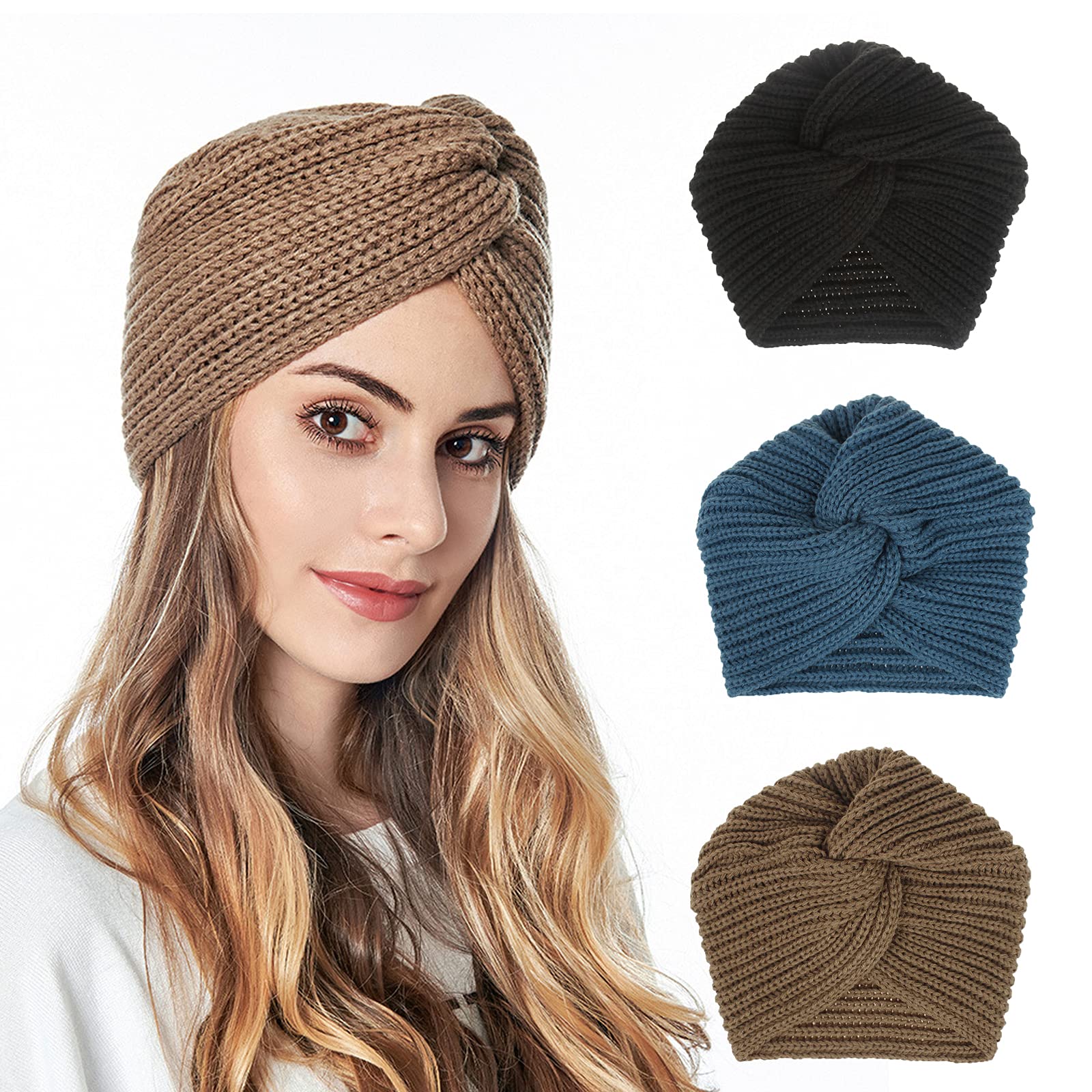 3-Piece Women's Knitted Winter Headscarf Set - Warm Beanie Hat & Headband Combo for Sleeping, Chemo, and Cold Weather (Black, Navy, Khaki) - Cozy Accessories for Indoor Comfort & Outdoor Activities
