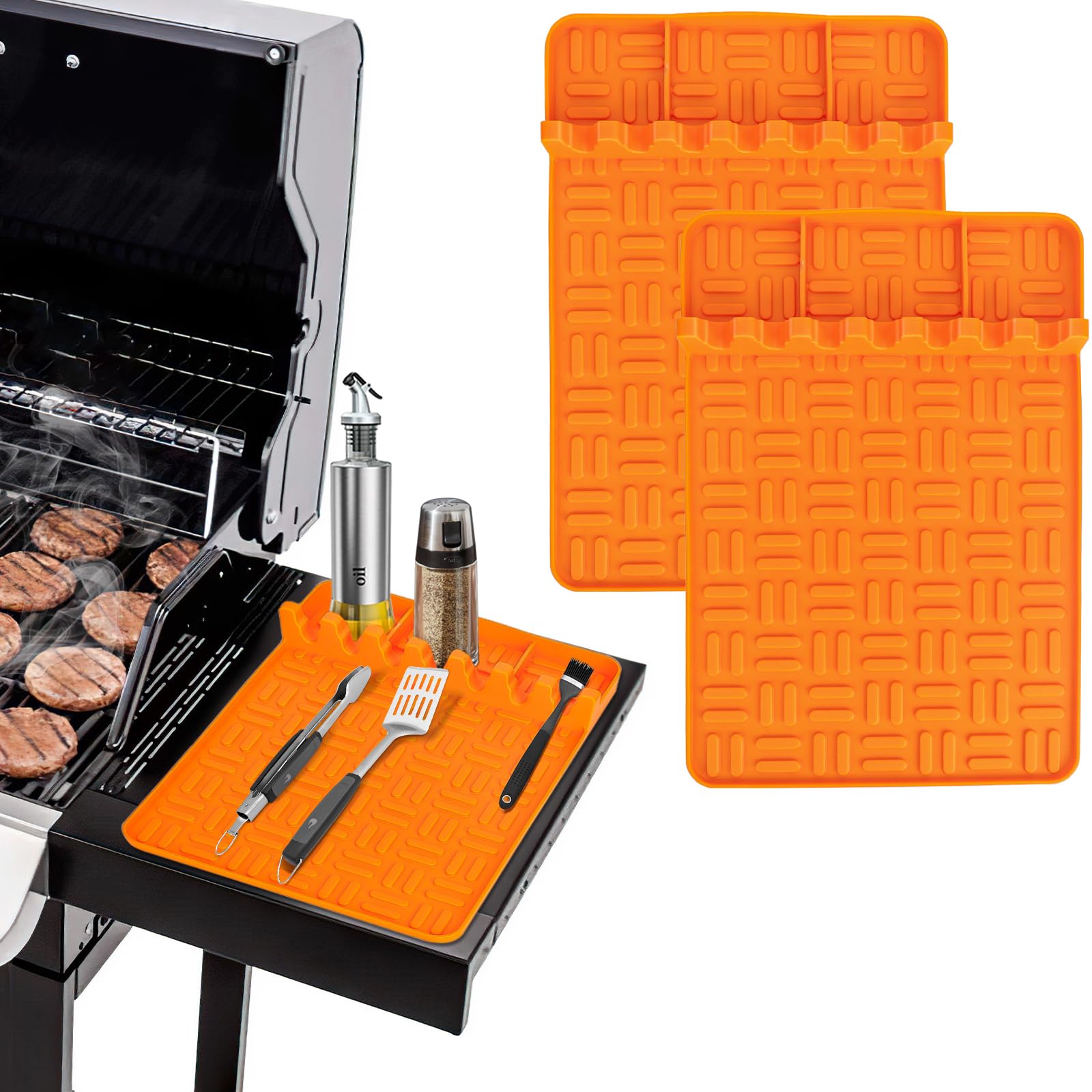 2 Pack Non-Slip Silicone Griddle Tool Mat for Blackstone BBQ Grill - Heat Resistant Cooking Mat with Drip Pad - Perfect for Outdoor Grilling, Countertop Protection & Kitchen Organization (Orange)