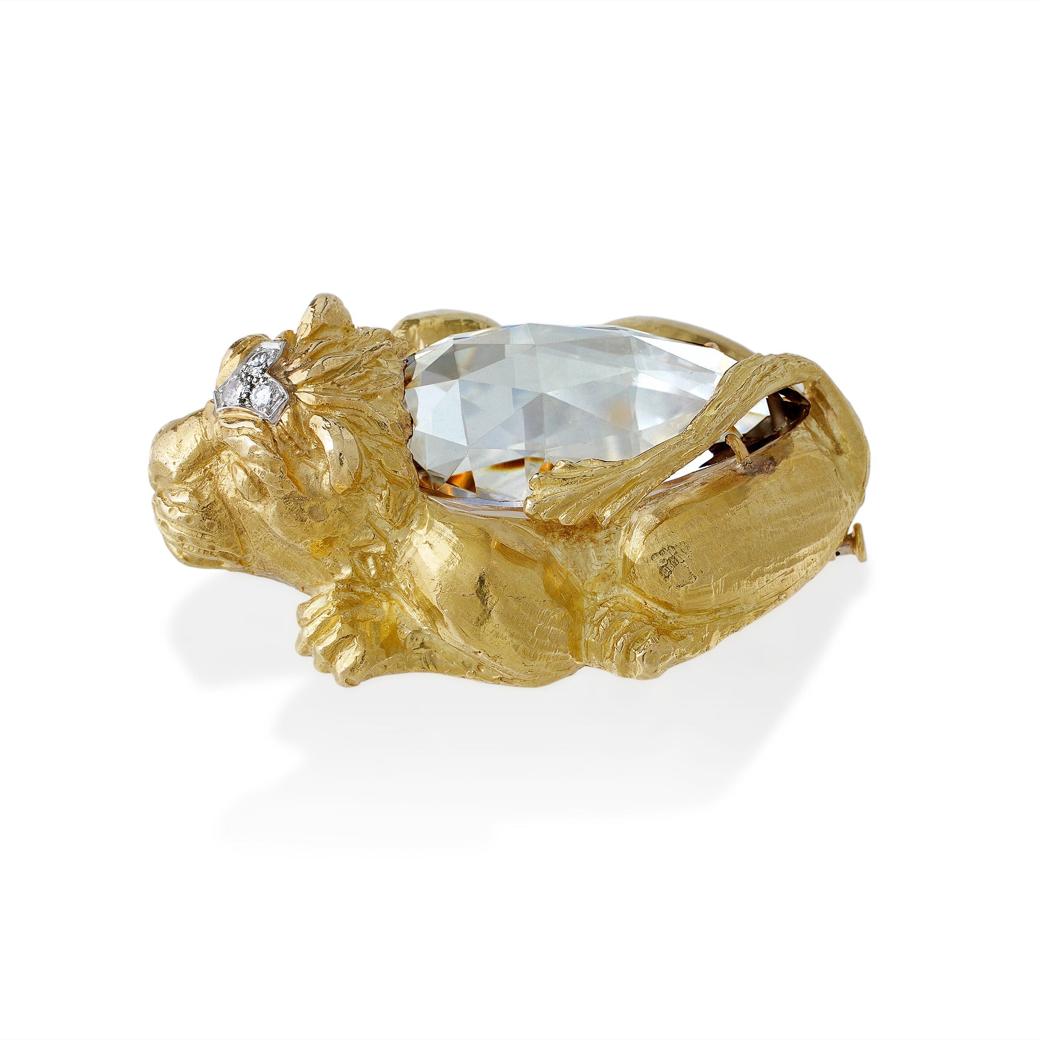 David Webb Rock Crystal Crouching Lion Brooch - Vintage Luxury Animal Jewelry Pin for Women - Perfect for Evening Gala, Wedding, and Special Occasions