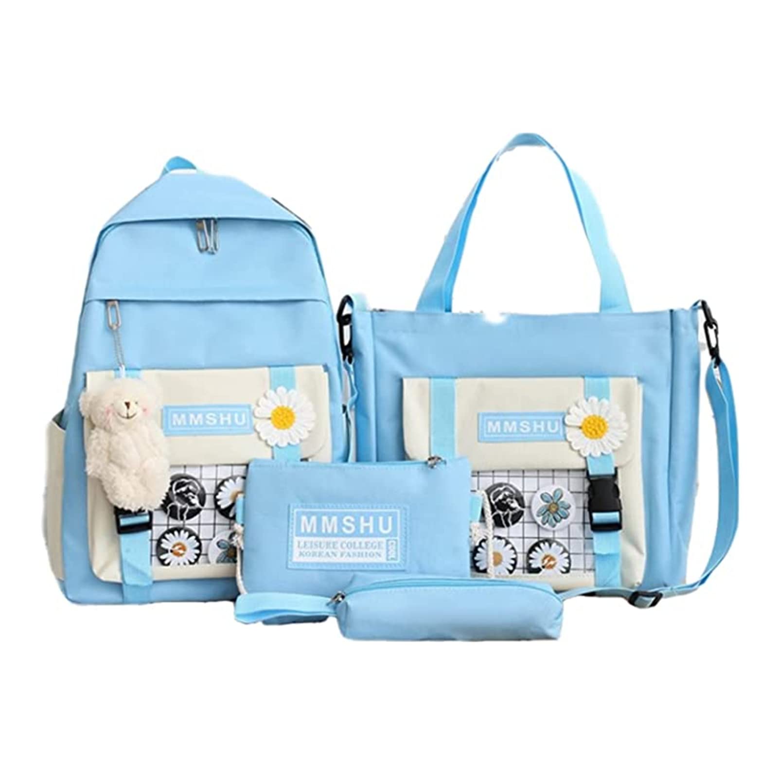 4Pcs Cute Kawaii Backpack Set - Canvas Bookbag with Teddy Bear Charm, Combo Set with Bear Pendant Handle & Shoulder Tote Bag for School, Travel & Daily Use (Blue)