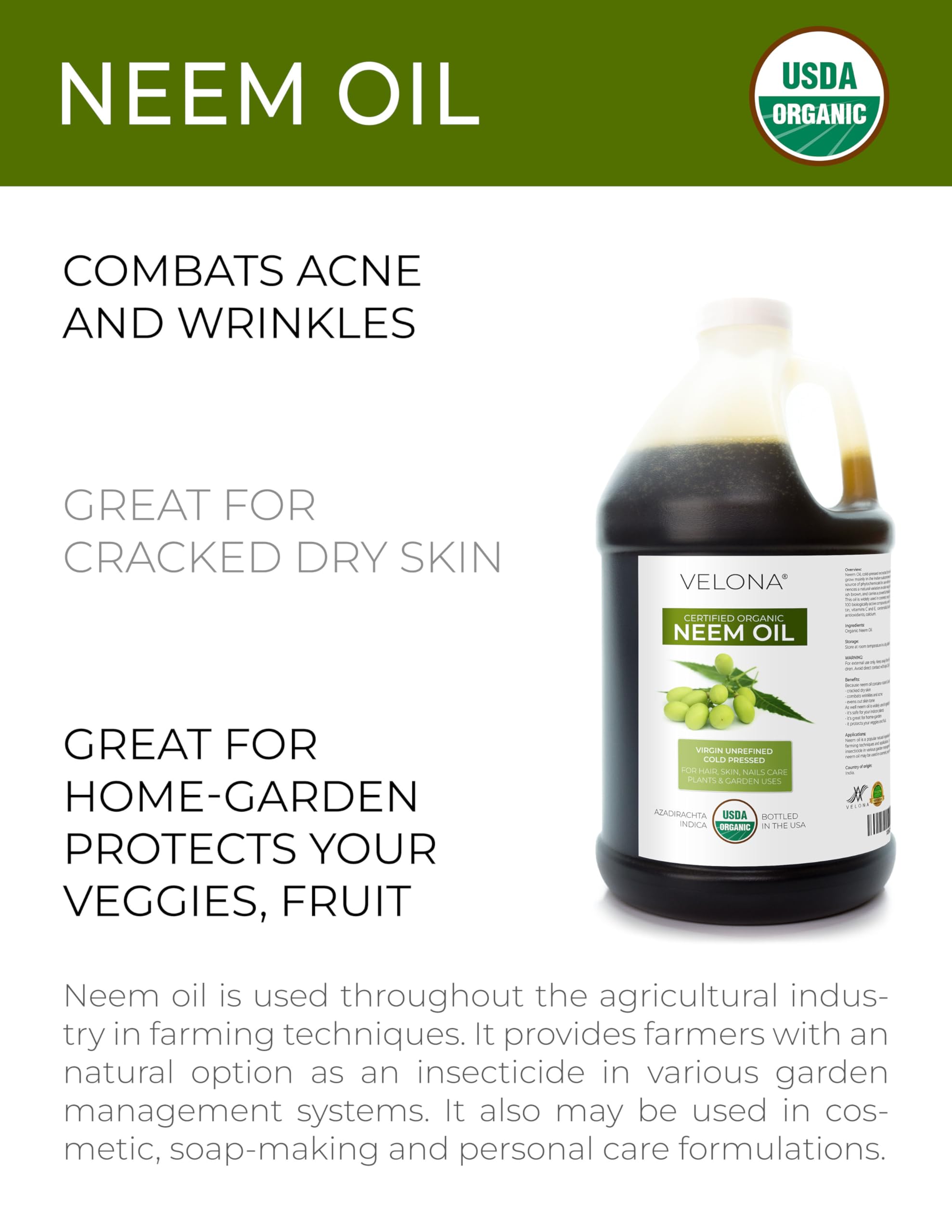 **Velona USDA Certified Organic Neem Oil - 1 Gallon (128 Fl Oz) | 100% Pure, Natural, Cold-Pressed Carrier Oil | Unrefined for Hair, Skin & Body Care | Promotes Healthy Scalp & Glowing Skin | Perfect for DIY Beauty, Massage & Aromatherapy**