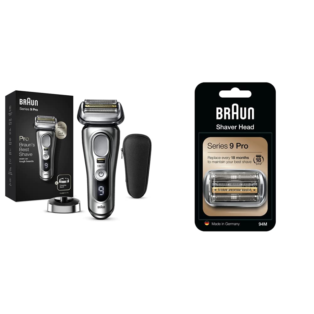 Braun Series 9 Pro Electric Shaver for Men - 4+1 Shaving Head with ProLift Trimmer, Charging Stand & Travel Case - 94M Replacement Head Included - Silver - Perfect for Travel, Business & Daily Grooming