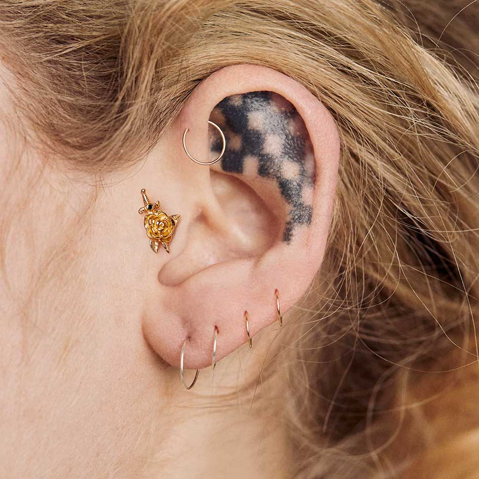 RHAPSODY Dagger Through Rose Stud Earrings - 14K Gold Plated Gothic Jewelry for Women | Perfect for Valentine's Day, Date Night & Punk Fashion