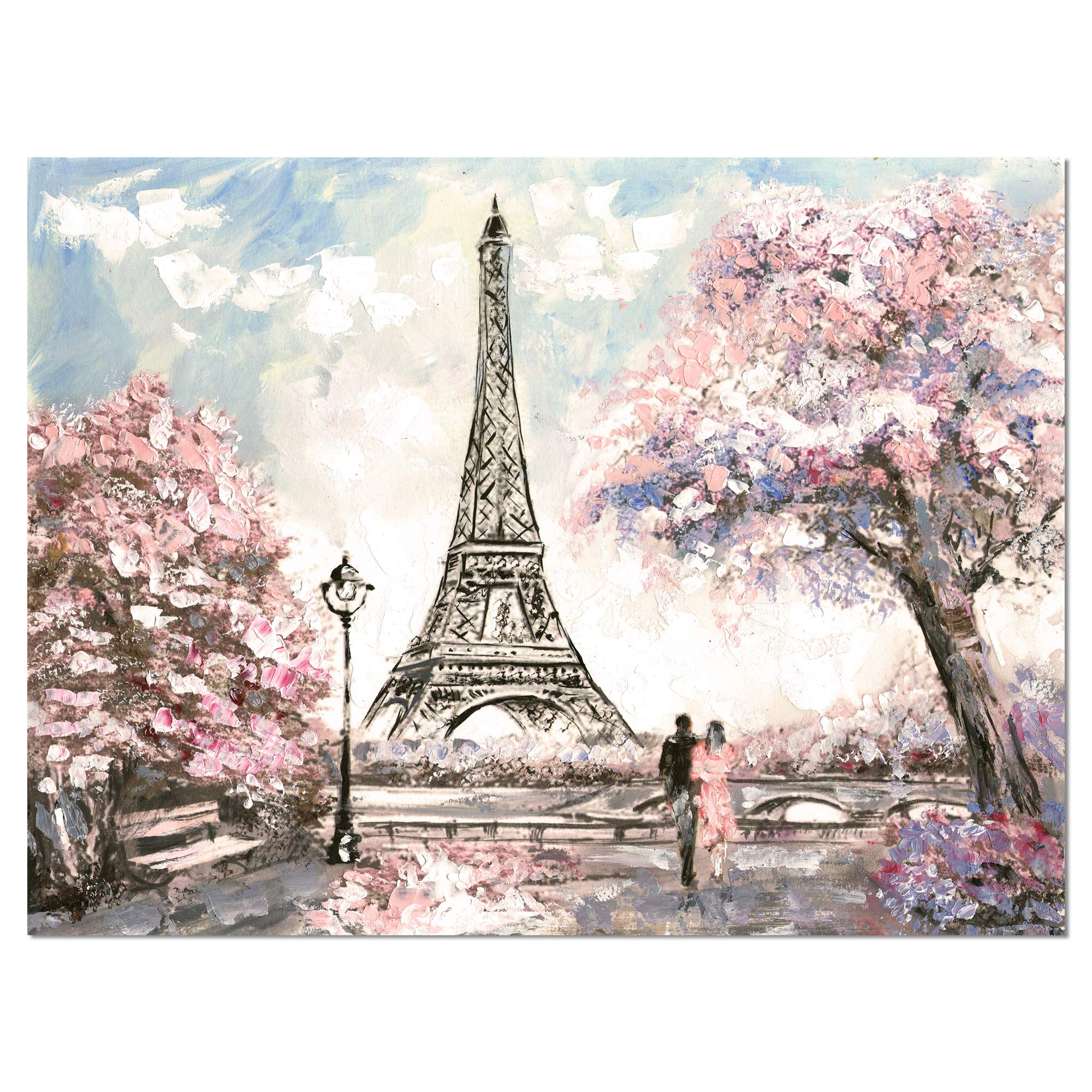 DesignArt Eiffel Tower with Pink Flowers - Paris Landscape Canvas Wall Art Print for Living Room, Bedroom & Office Decor