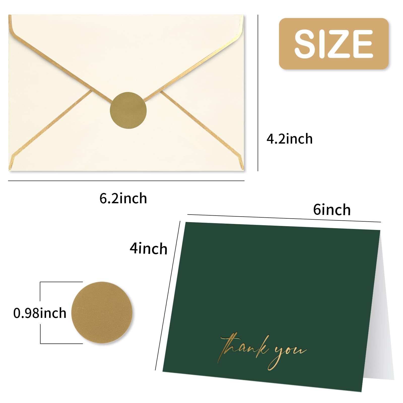 AZAZA 48-Pack Elegant Thank You Cards with Envelopes - 4x6 Inch Minimalist Blank Notes in Green & Black with Gold Foil - Perfect for Weddings, Graduations, Baby Showers & Bridal Showers - Express Gratitude in Style