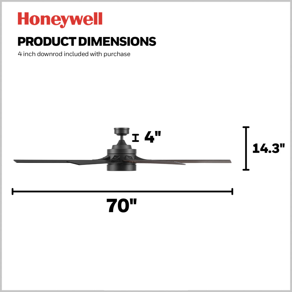 Honeywell Xerxes 70 Inch Smart LED Ceiling Fan with Remote Control - Matte Black Color Changing Light - Perfect for Living Room, Bedroom & Outdoor Spaces