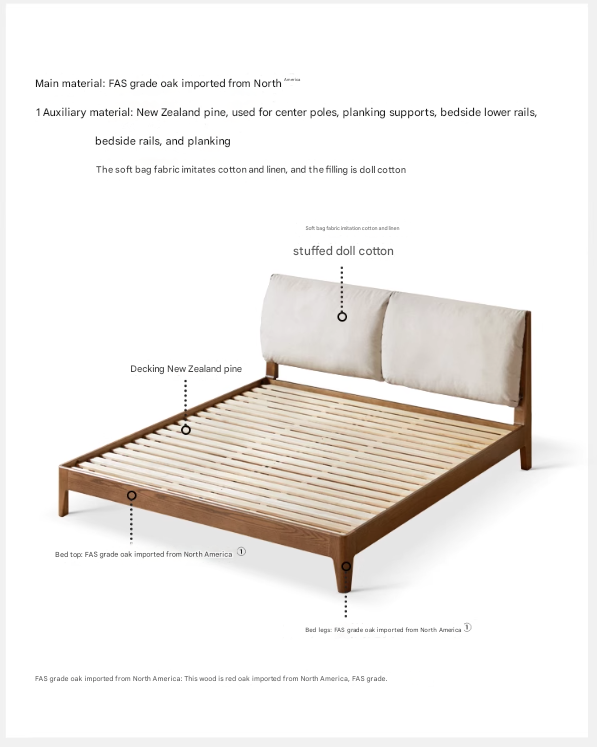 Solid Oak Wood Bed Frame with Soft Fabric Upholstered Headboard - Queen Size, Modern Minimalist Design for Bedroom, Guest Room, or Dorm