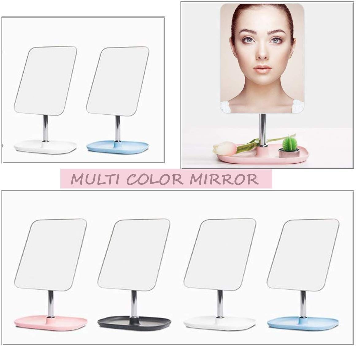 BIRMON Pink Metal Tabletop Vanity Mirror with Removable Handle - Frameless Rectangular Makeup Mirror for Dressing Table, Bathroom, and Bedroom