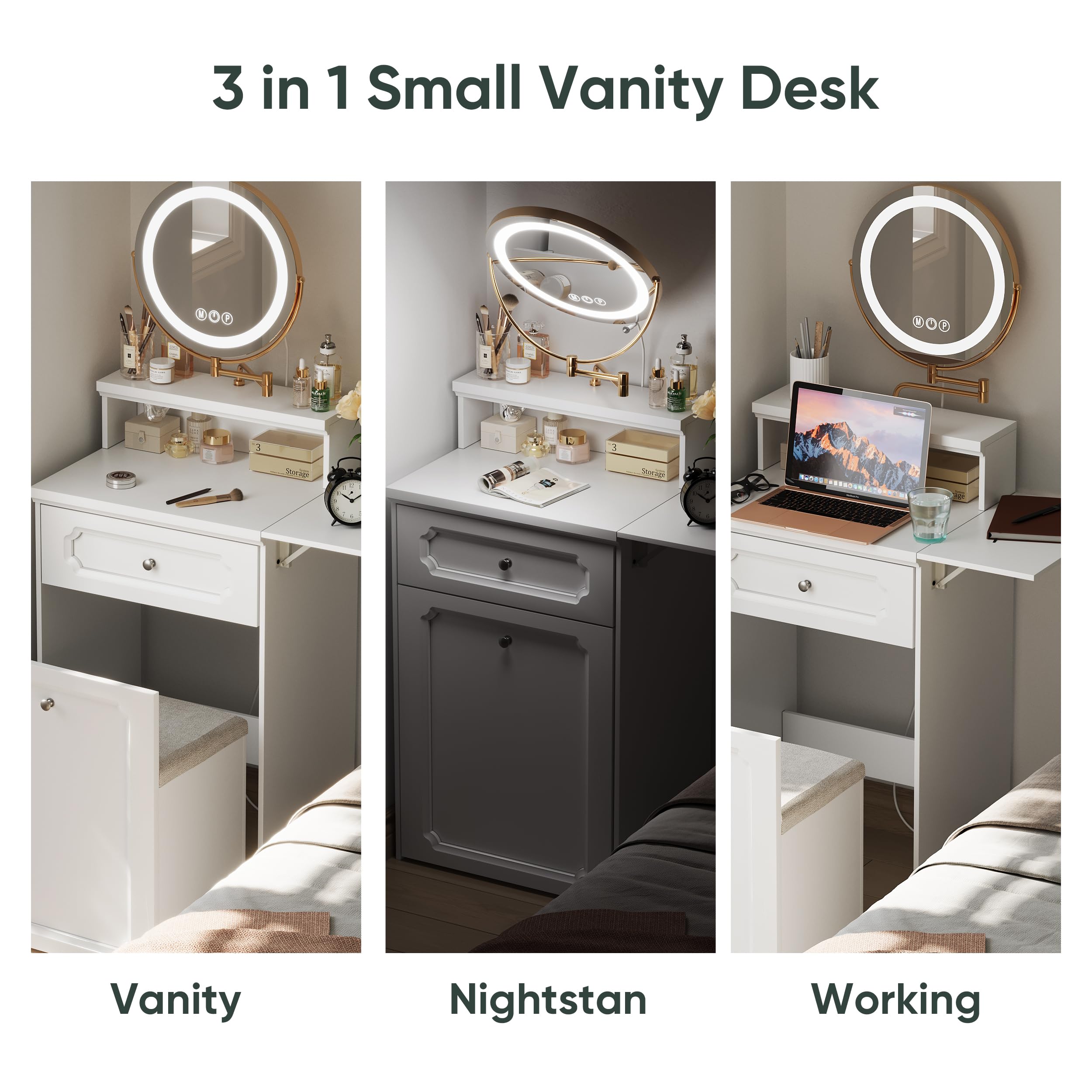 3 in 1 Small Vanity Makeup Desk with Rotatable Mirror & LED Lights - White Compact Makeup Table with Adjustable Lighting & Stool - Space Saving Corner Vanity with Foldable Panel for Bedroom, Dorm or Small Apartment