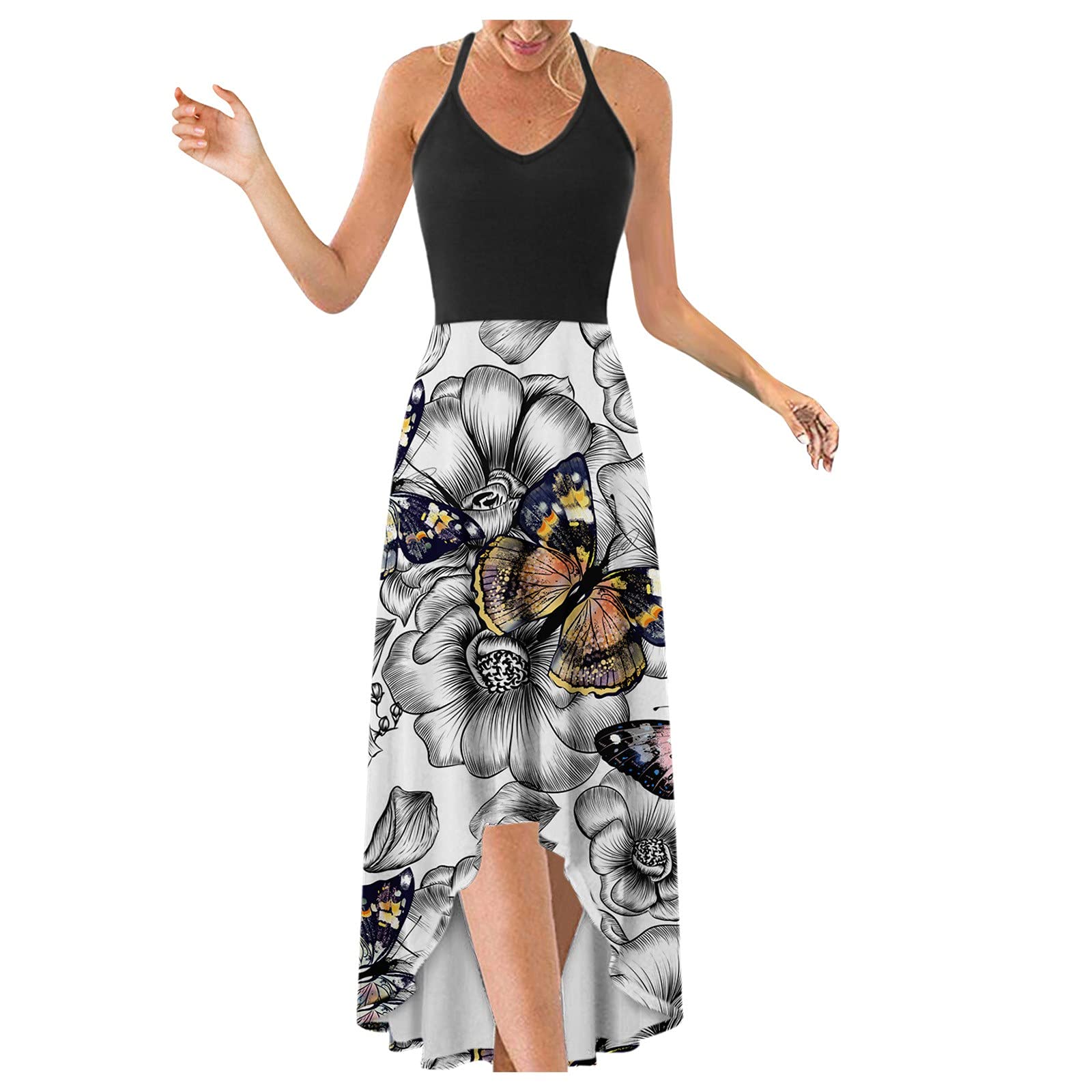 Women's Floral Print Sundress - V Neck Short Sleeve Beach Dress with Side Slit & Asymmetrical Hem | Summer Party Dress for Vacation, Poolside, Date Night & Outdoor Events