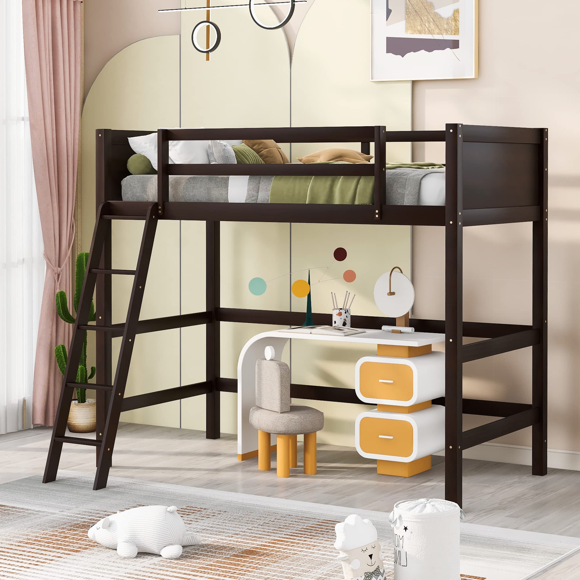 P PURLOVE Twin Size Loft Bed Frame for Kids, Teens & Adults - Sturdy Solid Wood Bunk Bed with Safety Guardrail & Ladder - Space Saving Loft Bed for Small Rooms - No Box Spring Needed - Espresso Finish - Perfect for Dorms, Apartments & Kids' Bedrooms