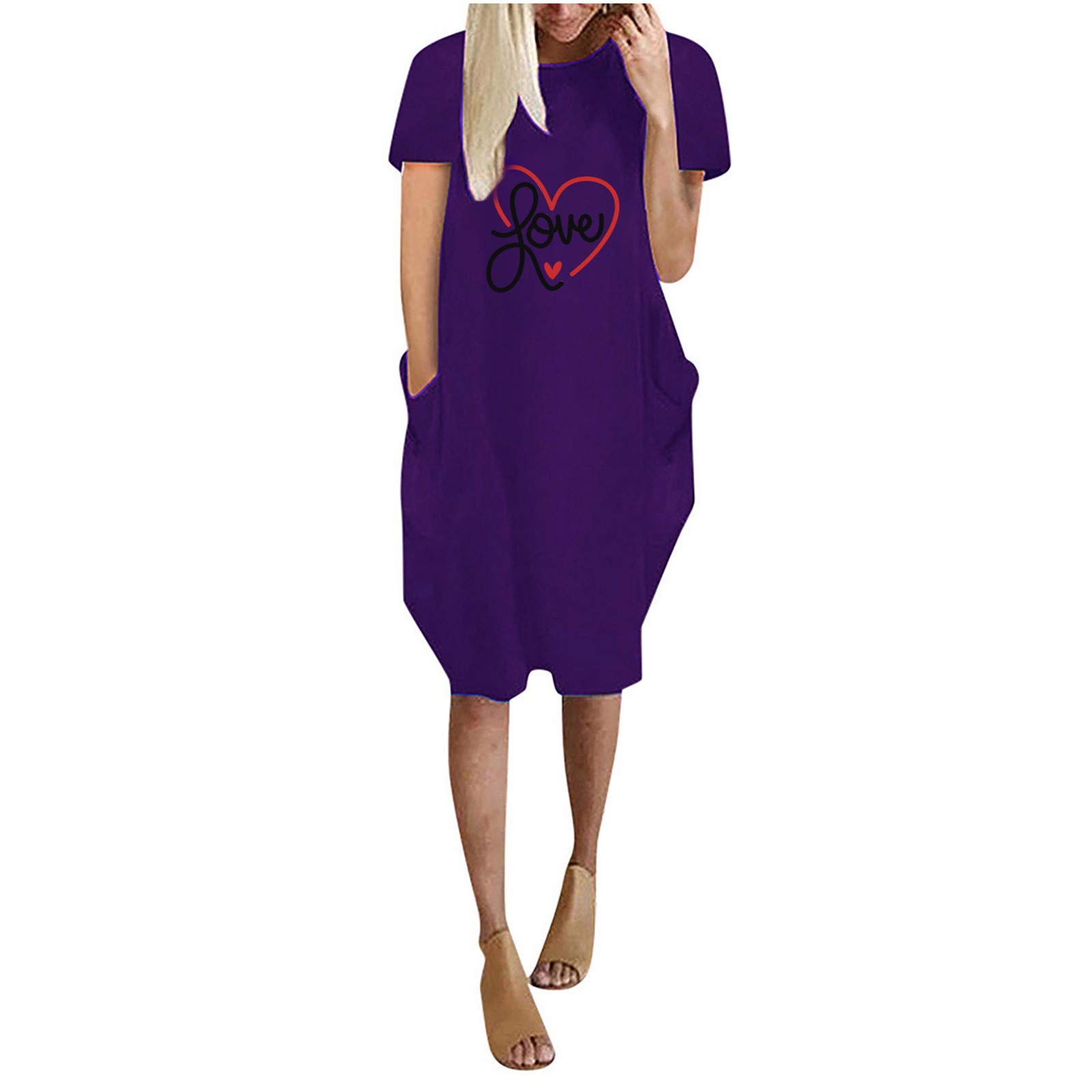 Women's Heart Print Tunic Dress - Casual Loose Fit Short Sleeve Crewneck Oversized Shirt Dress with Pockets for Holiday, Party & Everyday Wear