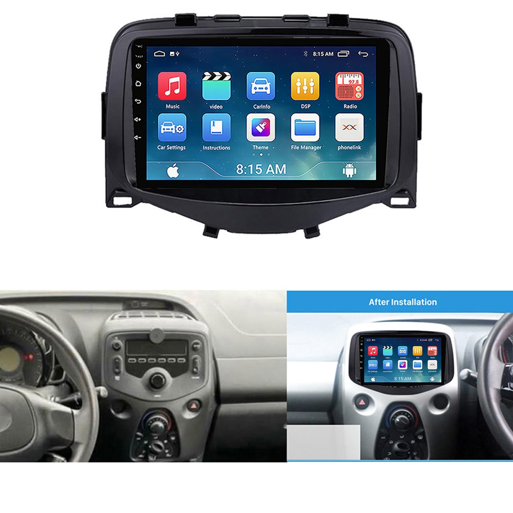 9 Inch Double Din Android 13 Car Stereo - Bluetooth Touch Screen Radio with Apple CarPlay, GPS Navigation & AHD Backup Camera - Compatible with Toyota Aygo/Peugeot 108/Citroen C1 2015-2020 (1GB RAM 32GB Storage) - Perfect for Hands-Free Calling, Music Streaming & Safe Parking