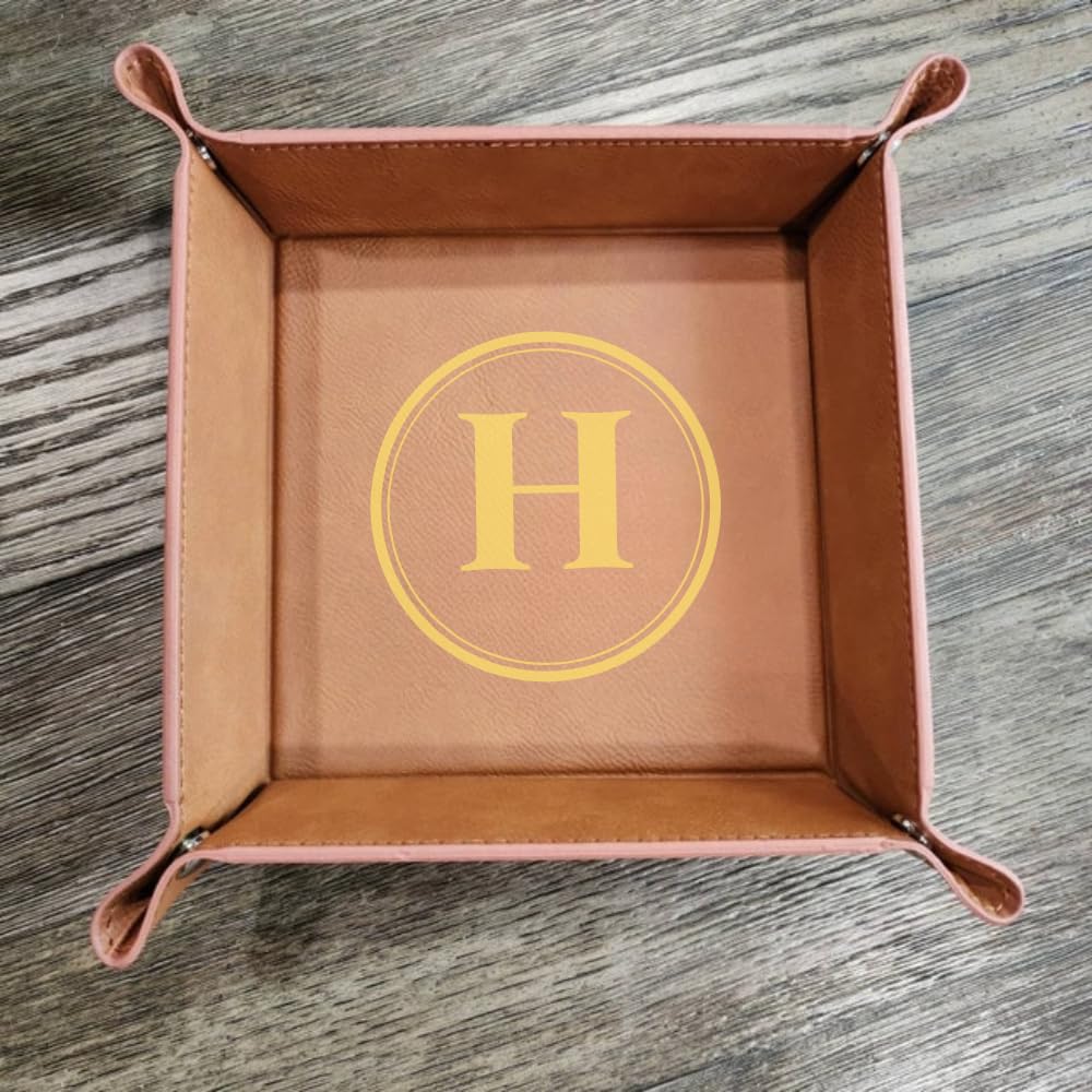 Personalized Monogram Leather Valet Tray - Custom Engraved Vegan Leather Catch All Tray for Desk Storage & Organization | Perfect for Jewelry, Keys, Coins & Everyday Essentials