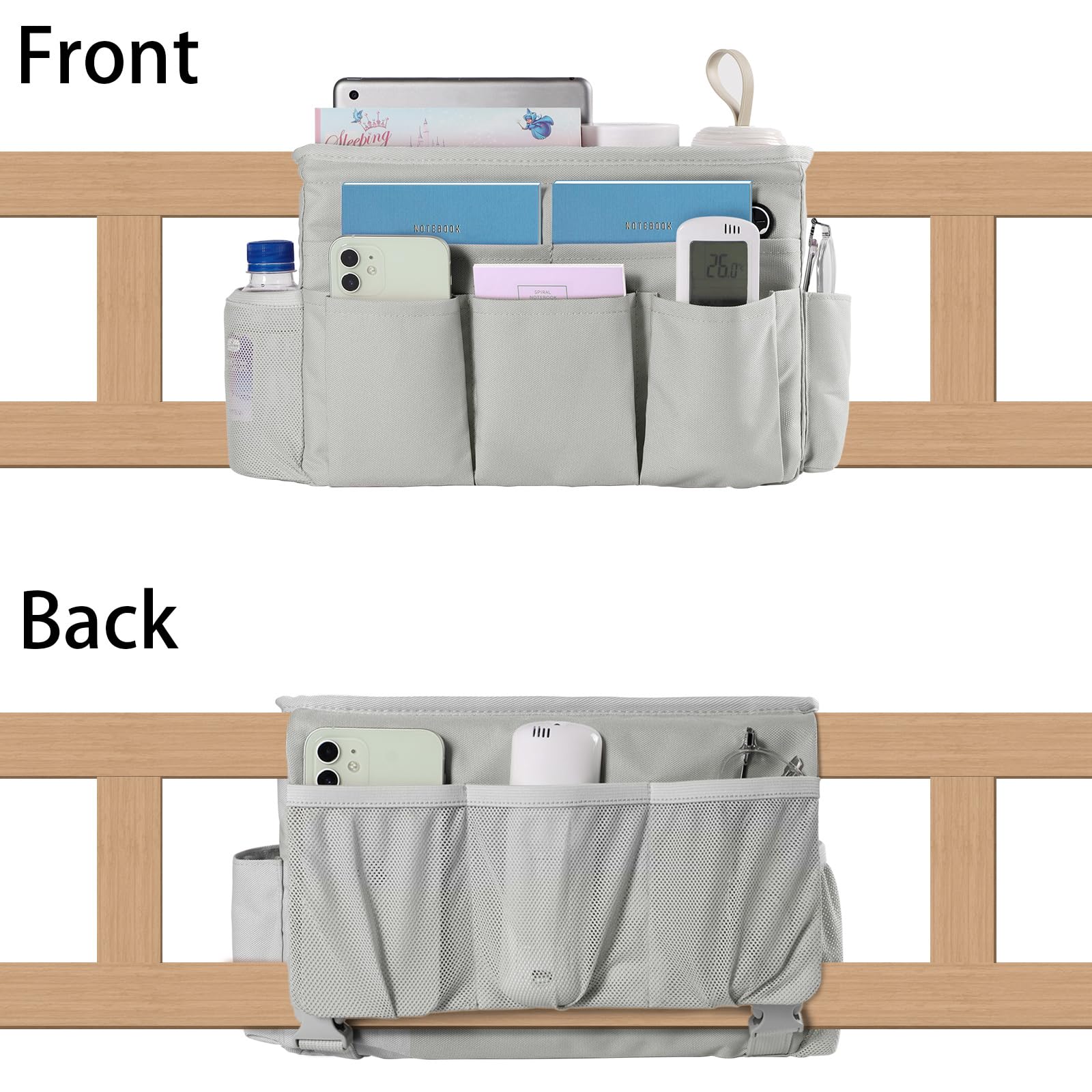 WOMACO Adjustable Bedside Storage Organizer - Light Mica Gray Hanging Basket for Bunk Beds, Loft Beds & College Dorms - Perfect for Books, Phones & Essentials - Medium Size CTB003 - Ideal for Dorm Rooms, Hospitals & Small Spaces
