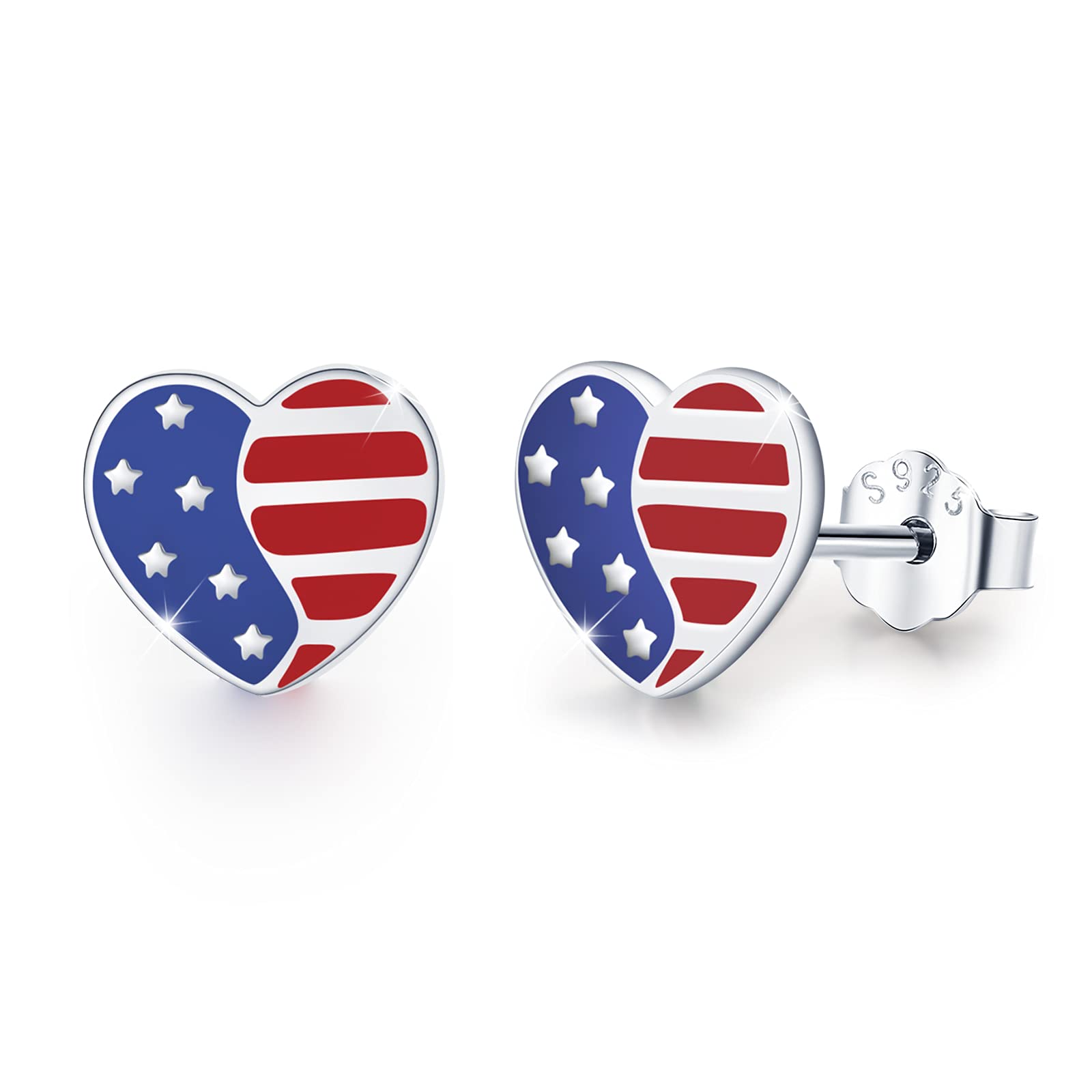 USA Patriotic American Flag Earrings - 925 Sterling Silver Red White Blue Heart Stud Earrings for Independence Day, 4th of July | Unisex Jewelry Gift for Men & Women | Perfect for National Holidays, Parties & Patriotic Events