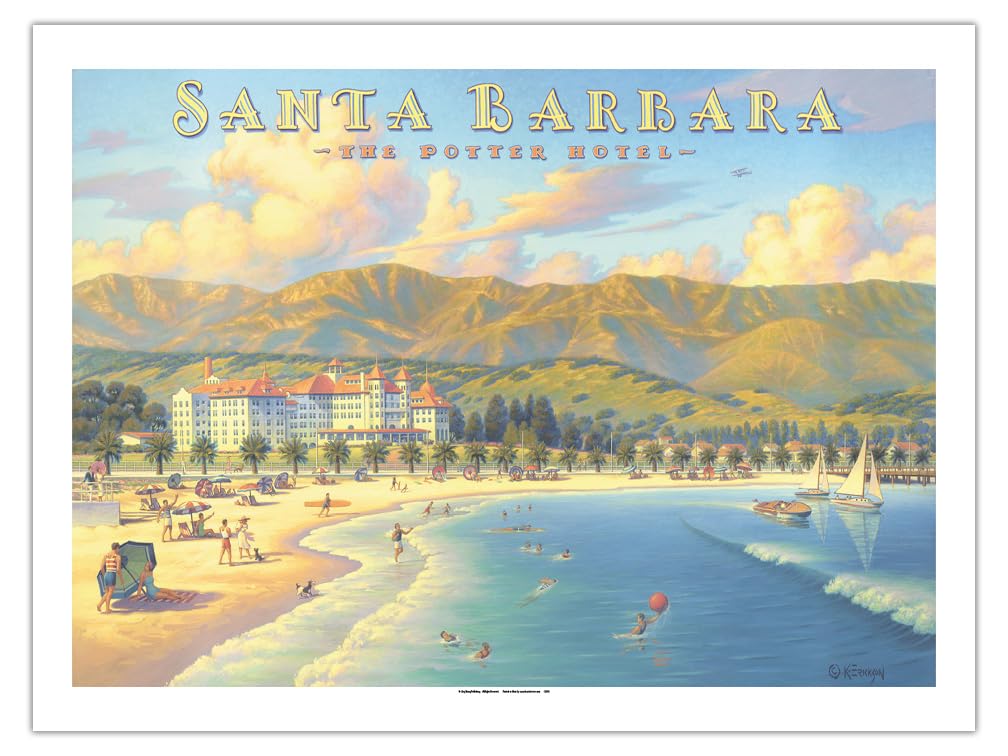 Vintage Santa Barbara Travel Poster - The Potter Hotel by Kerne Erickson - Unframed 24x32 Inch Bamboo Fine Art Print (290gsm) - Perfect for Home Decor, Office Wall Art & Retro Travel Enthusiasts