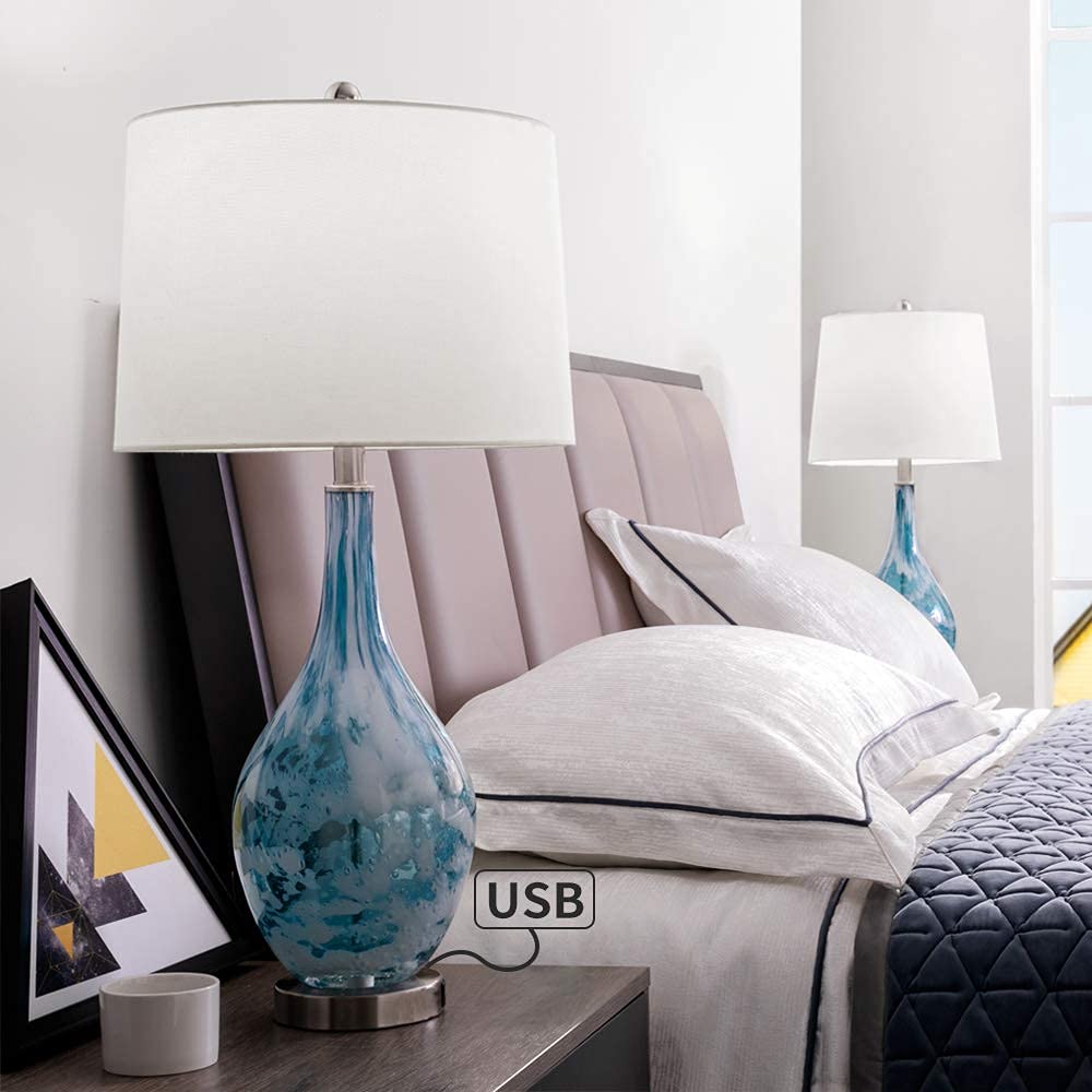 Maxax Coastal Glass Table Lamps Set of 2 - Blue USB Bedside Lamps with White Fabric Shade, Modern Nightstand Lighting for Bedroom, Living Room & Coffee Table (ETL Certified) | Perfect for Coastal Decor, Reading Nook & Ambient Lighting