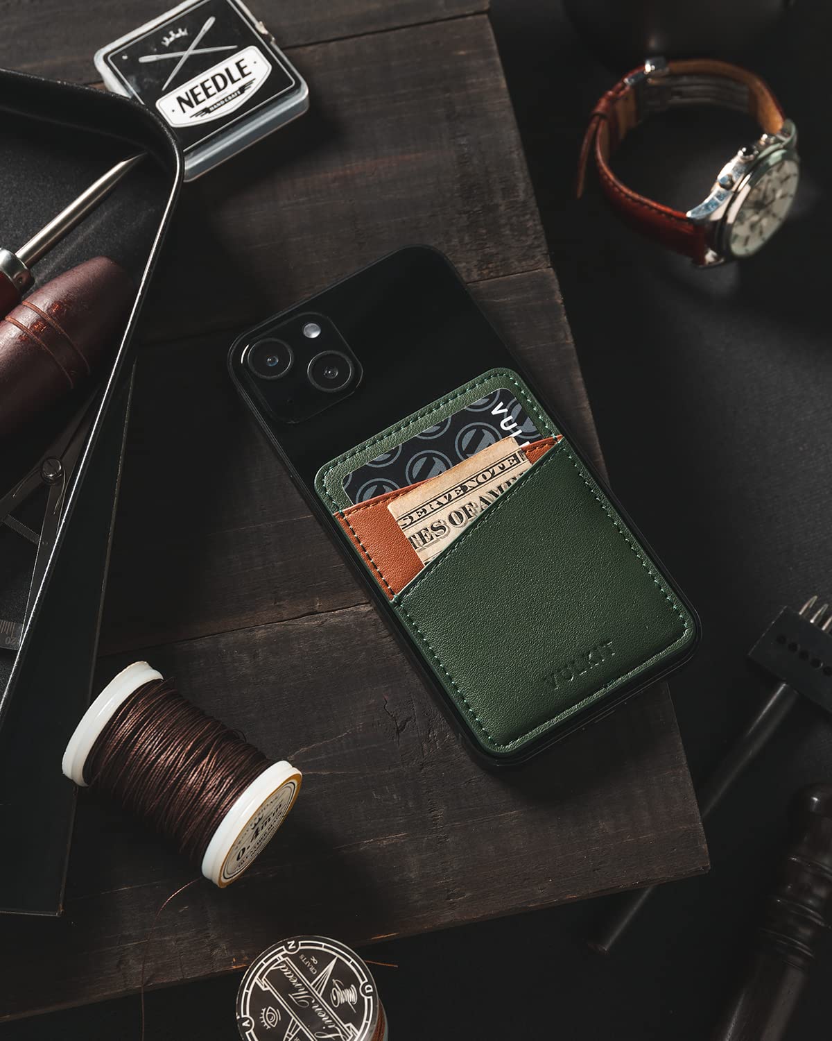 VULKIT RFID Blocking Leather Phone Wallet - Adhesive Card Holder for iPhone & Smartphones, Stick-On Credit Card Sleeve (Green) | Perfect for Travel, Shopping & Contactless Payments