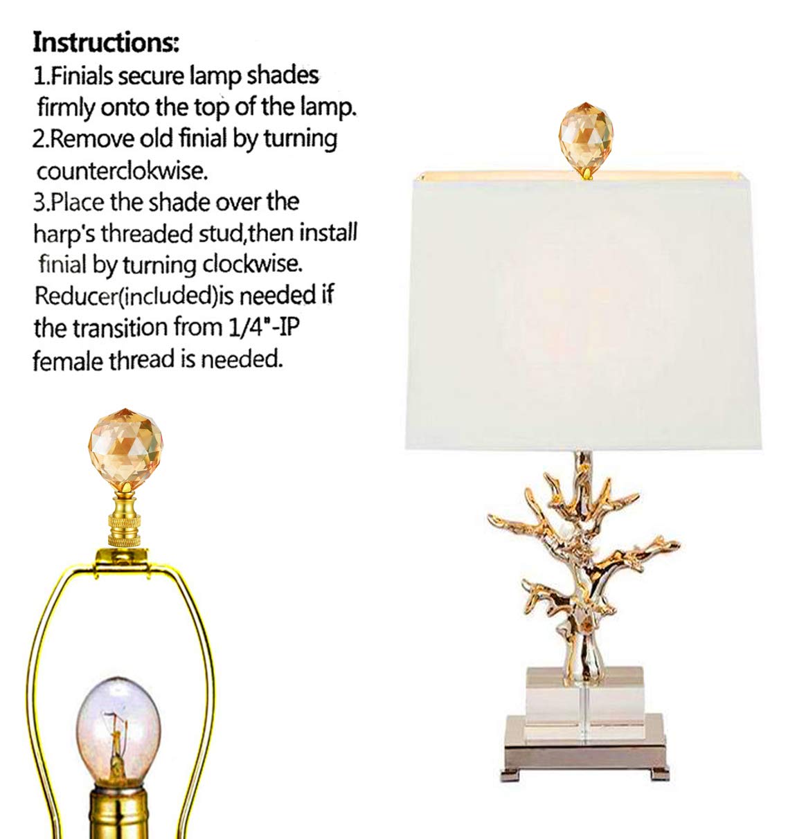 2Pcs 2-1/3 Inch Clear Champagne Crystal Lamp Finials with Polished Brass Base - Faceted Screw Top Knob for Lamp Shade Decoration - Perfect for Chandeliers, Table Lamps & Home Lighting Fixtures