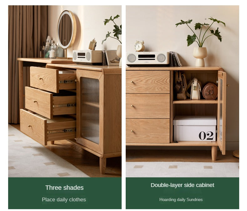 Solid Oak Retractable Vanity Dressing Table with Mirror - Perfect for Bedroom, Bathroom & Small Space Makeup Organization