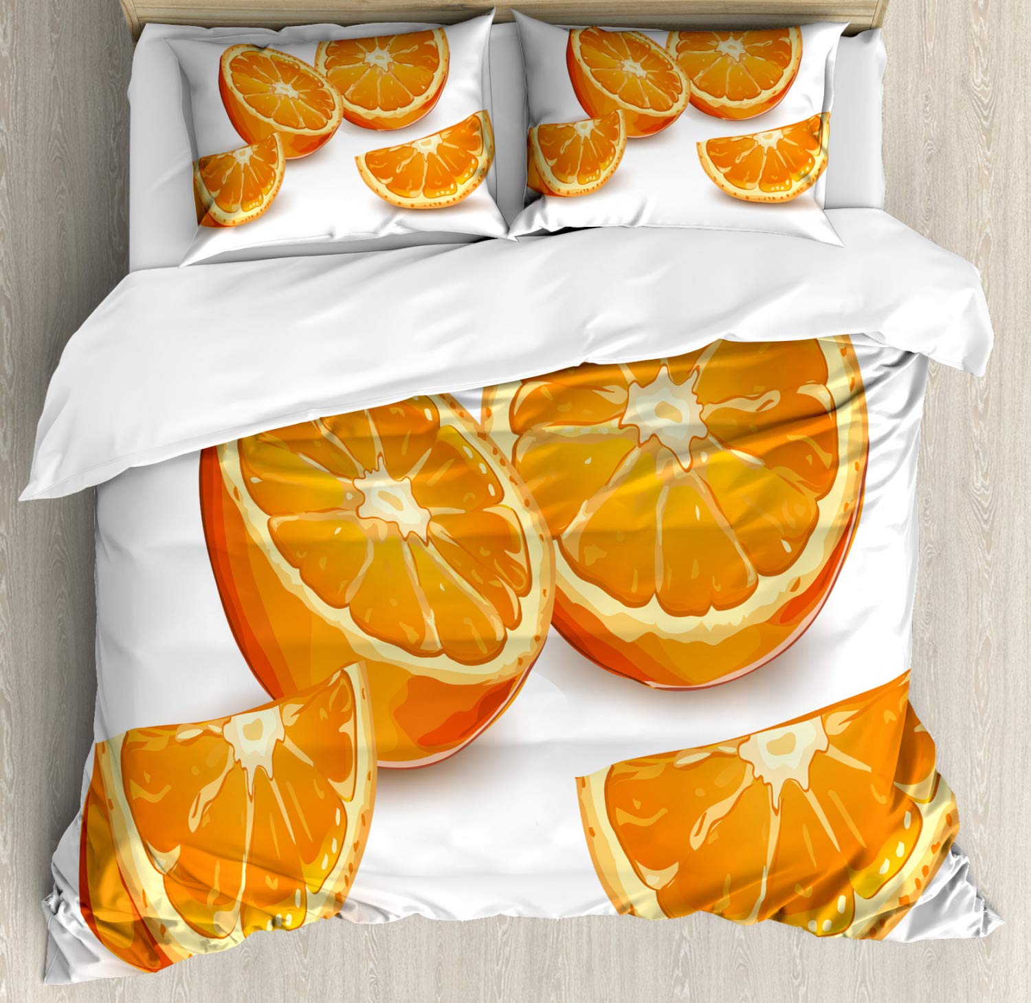Ambesonne Nature Duvet Cover Set - Queen Size 3 Piece Bedding with 2 Pillow Shams, Mediterranean Citrus Orange Tangerine Fruit Print in Marigold & White, Soft Decorative Garden Art Design for Cozy Bedroom Decor & Guest Room Styling
