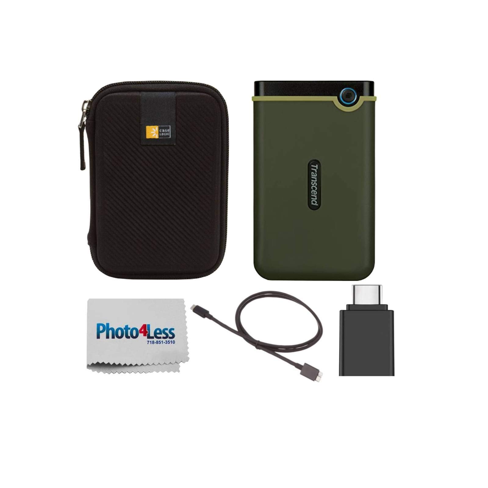 Transcend 2TB USB 3.1 Rugged External Hard Drive - Military Green | Shockproof Portable HDD with USB-C Adapter & Micro B Cable | Ideal for Travel, Outdoor Adventures & Data Backup