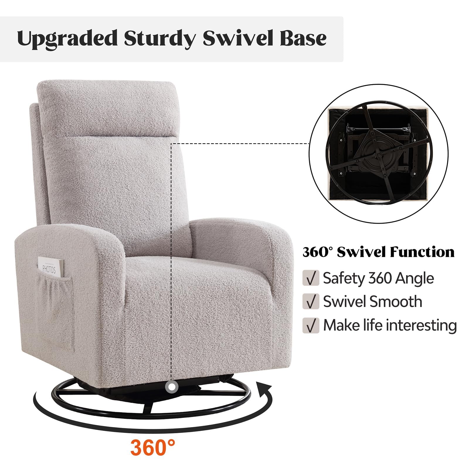 360° Swivel Glider Rocking Chair for Nursery - High Back Upholstered Nursing Chair with Side Pocket | Comfortable Rocker Recliner for Adults in Living Room, Bedroom & Reading Nook (Teddy Grey) - Perfect for Breastfeeding, Relaxing and Nursery Decor