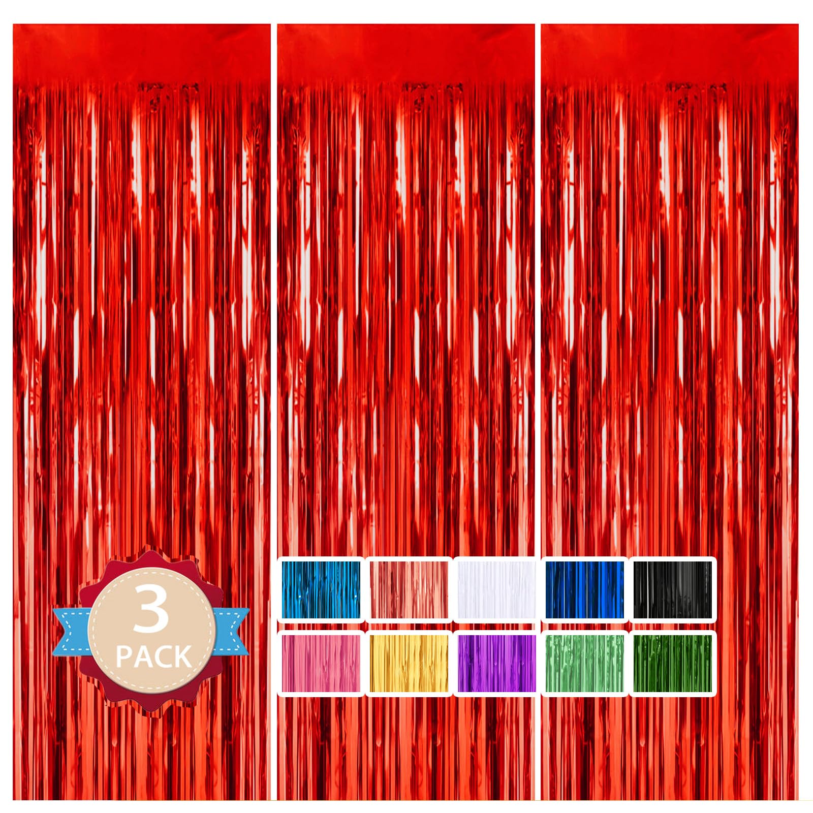 3 Pack 3.3 ft x 9.9 ft Red Tinsel Curtain Party Backdrop - Metallic Foil Fringe Door Decor for Bachelorette, Birthday & Holiday Celebrations - Perfect for Photo Booths, Stage Decor & Event Backgrounds