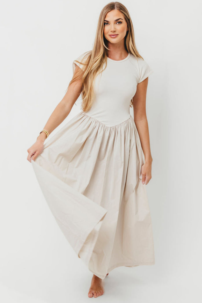 Dolores Rib and Woven Skirt Combo Dress in Cream | Elegant Women's Summer Outfit for Casual Wear, Beach Vacation & Date Night