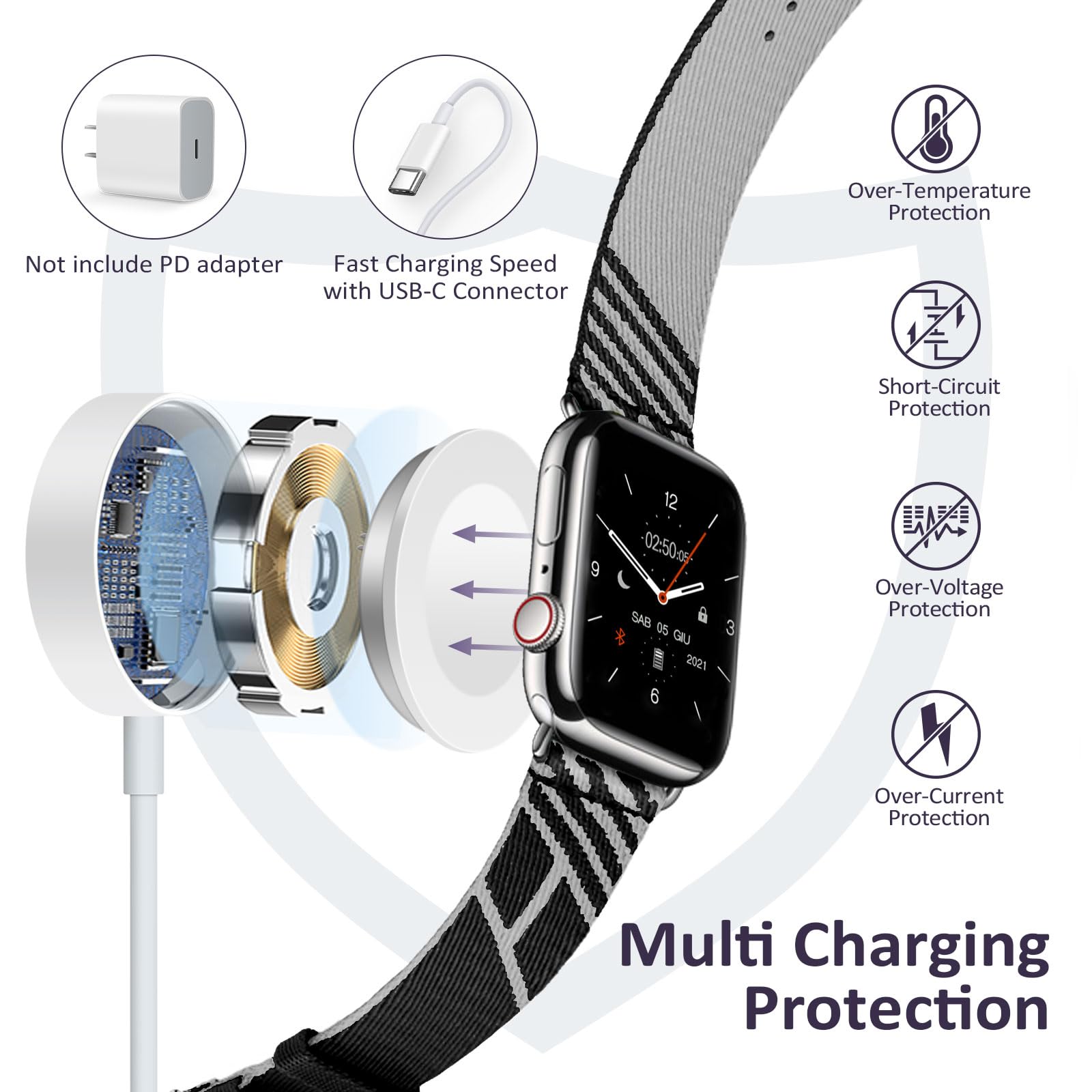 Fast Charging USB-C Magnetic Watch Charger for Apple Watch Series 9/8/7/Ultra/Ultra2/SE2/6/5/4/3/2/1/SE - 4.9ft Portable Charging Cable - Perfect for Travel, Office & Home Use