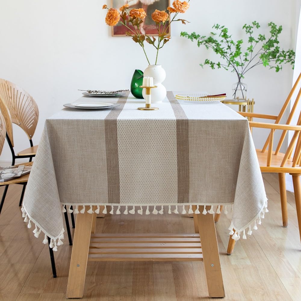 Embroidered Tassel Tablecloth for Dining Table - Double Stripe Coffee Design, 55 x 71 Inch Rectangle/Oblong Table Cover for 4-6 Seats | Perfect for Fall, Christmas, Parties & Everyday Dining Decor