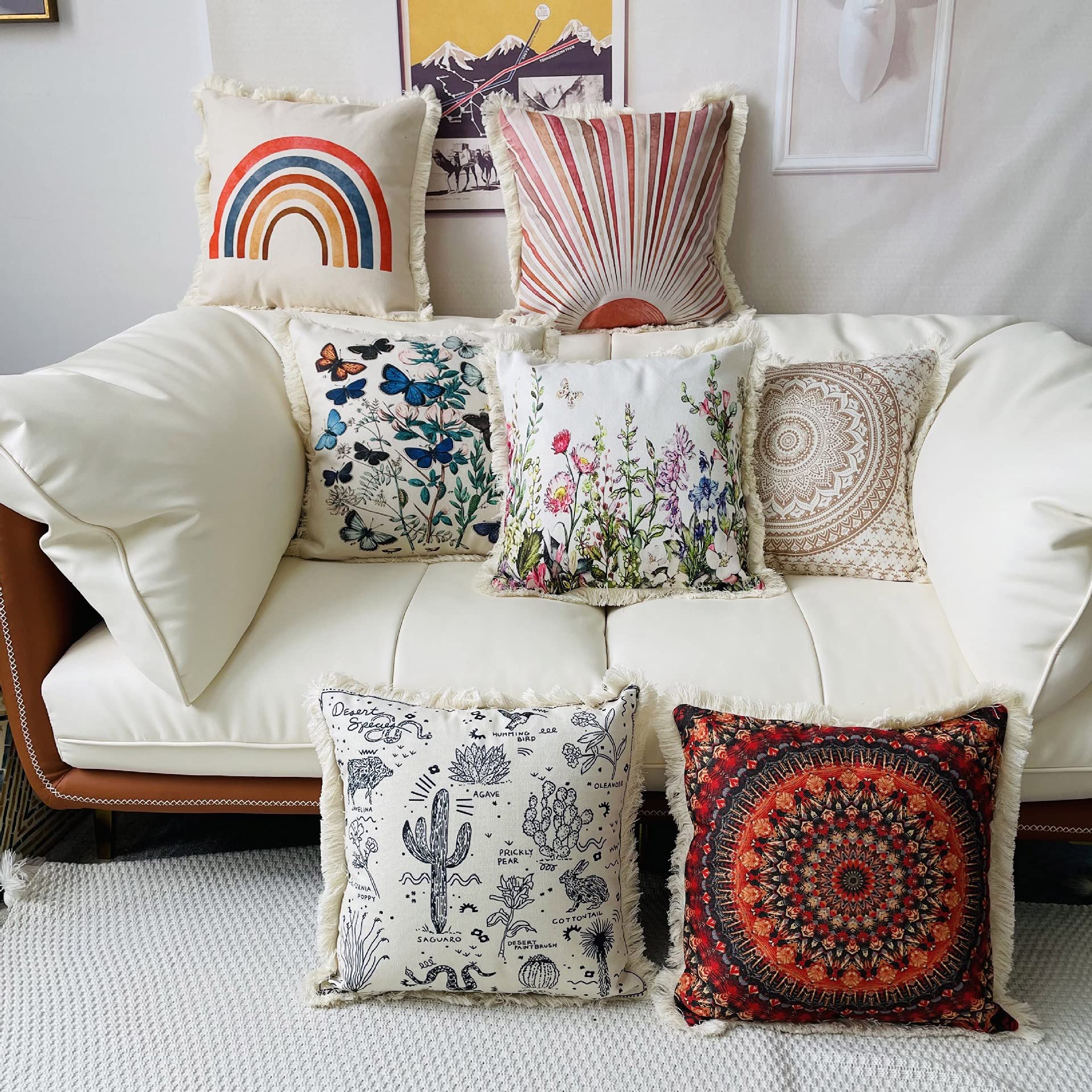 Red Sun and Sunshine Tassel Throw Pillow Covers - 18x18 Inch Bohemian Home Decor for Living Room, Sofa, Couch & Bedroom - One-Side Printed Mysterious Accent Pillow | Perfect for Boho Chic, Farmhouse & Eclectic Interior Design Styles