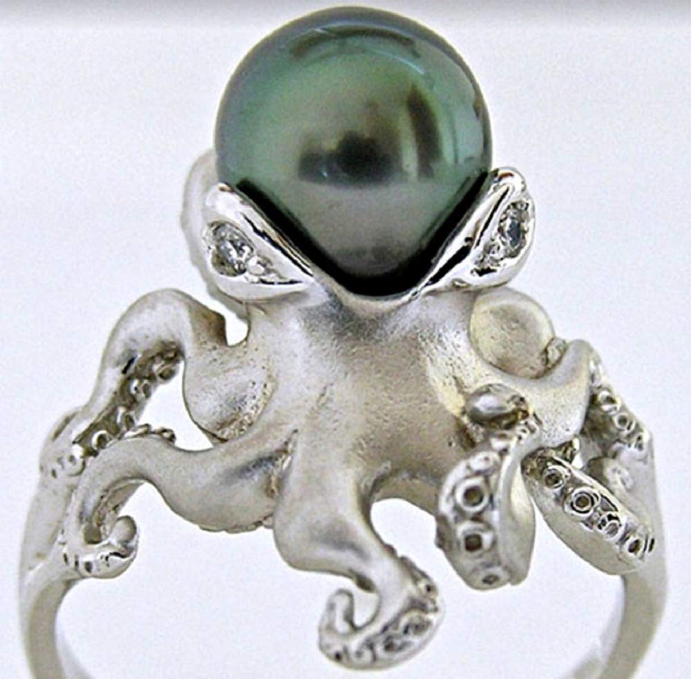 Finemall Vintage 925 Sterling Silver Green Pearl Octopus Ring for Women - Size 6-10 - Perfect for Anniversary Gifts, Boho Jewelry & Unique Statement Accessories