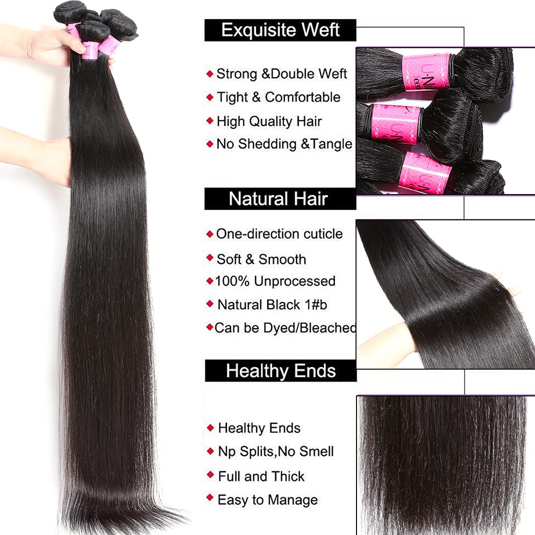 UNICE 10A Malaysian Straight Virgin Human Hair Weaves Extensions - 4 Bundles Unprocessed 100% Human Hair (24 26 28 30 Inch) for Natural Look & Styling Versatility | Perfect for Daily Wear, Parties & Special Occasions
