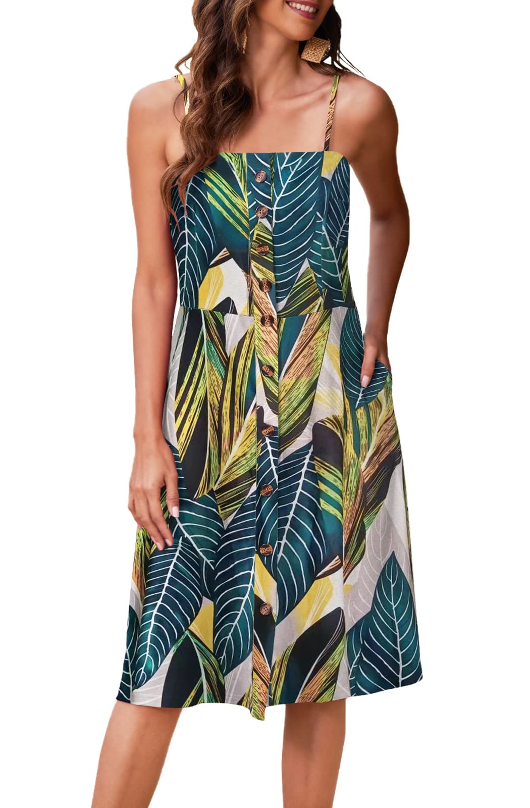 Hount Women's Summer Casual Spaghetti Strap Button Down Boho Beach Midi Sundress with Pockets - Perfect for Beach Vacations, Pool Parties & Summer Outings