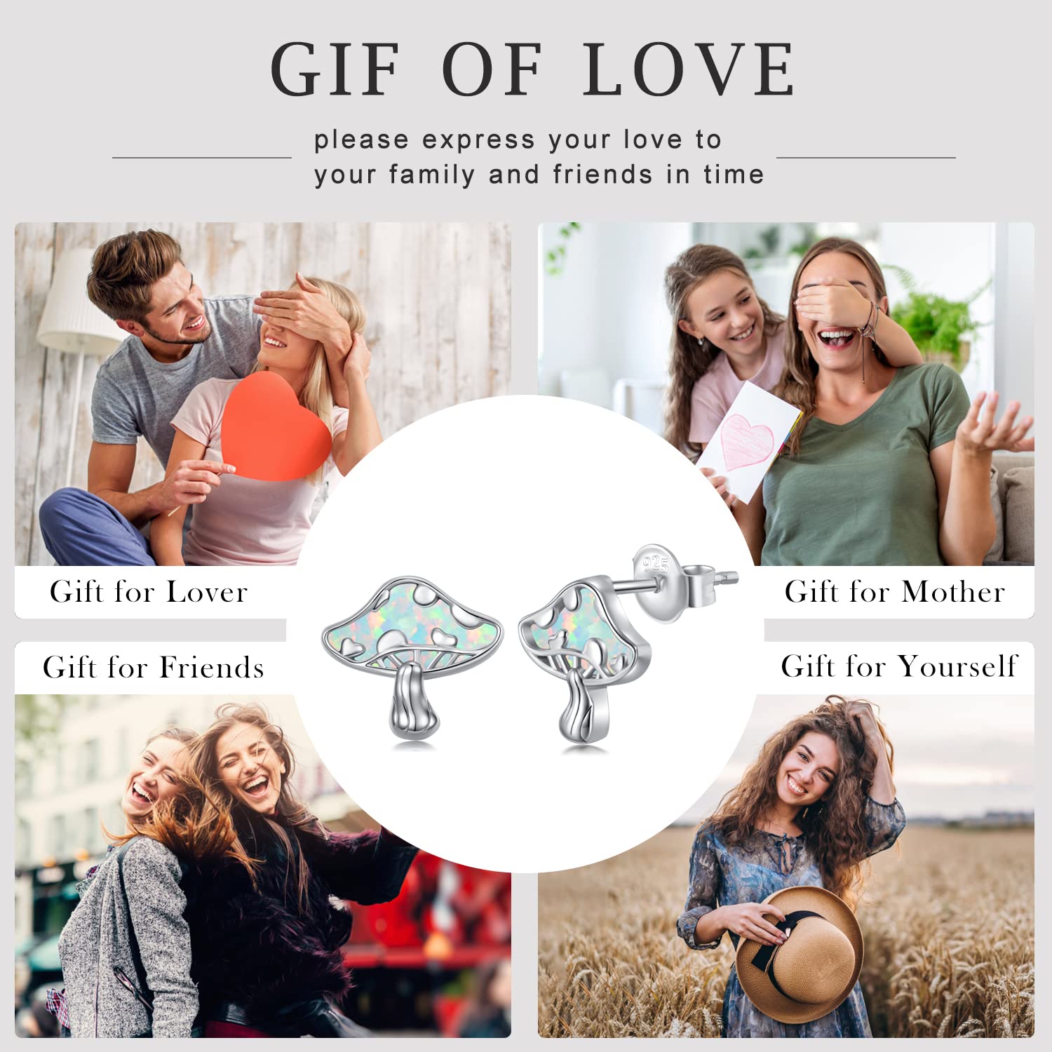 925 Sterling Silver Mushroom Earrings - White, Pink & Blue Opal Stud & Dangle Earrings for Women & Teens | Cute Jewelry Gift for Birthday, Festival & Everyday Wear