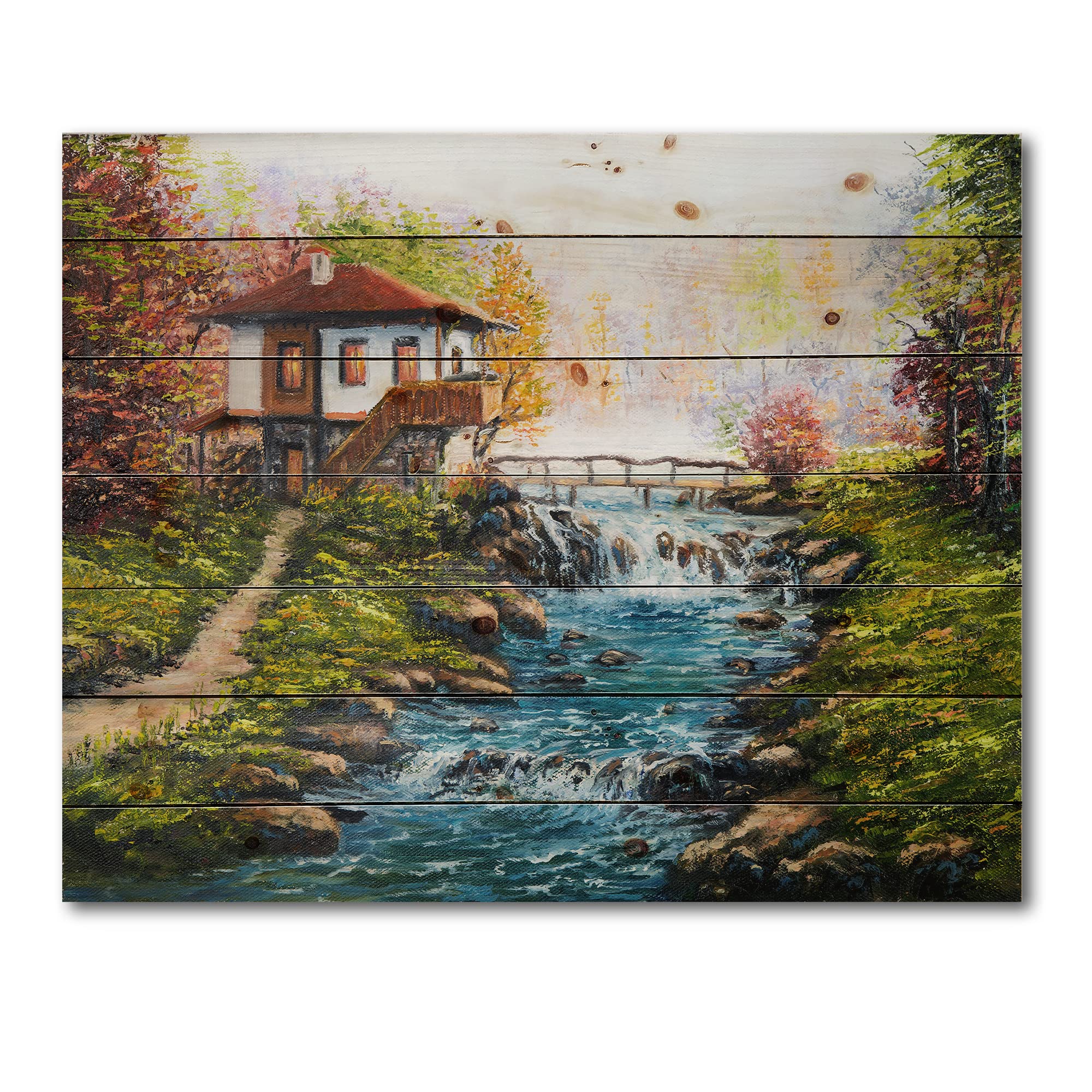 Traditional Bulgarian House & River Lake Wood Wall Decor - Blue Landscape Art Panel Printed on Natural Pine Wood - Perfect for Living Room, Bedroom & Office Decor