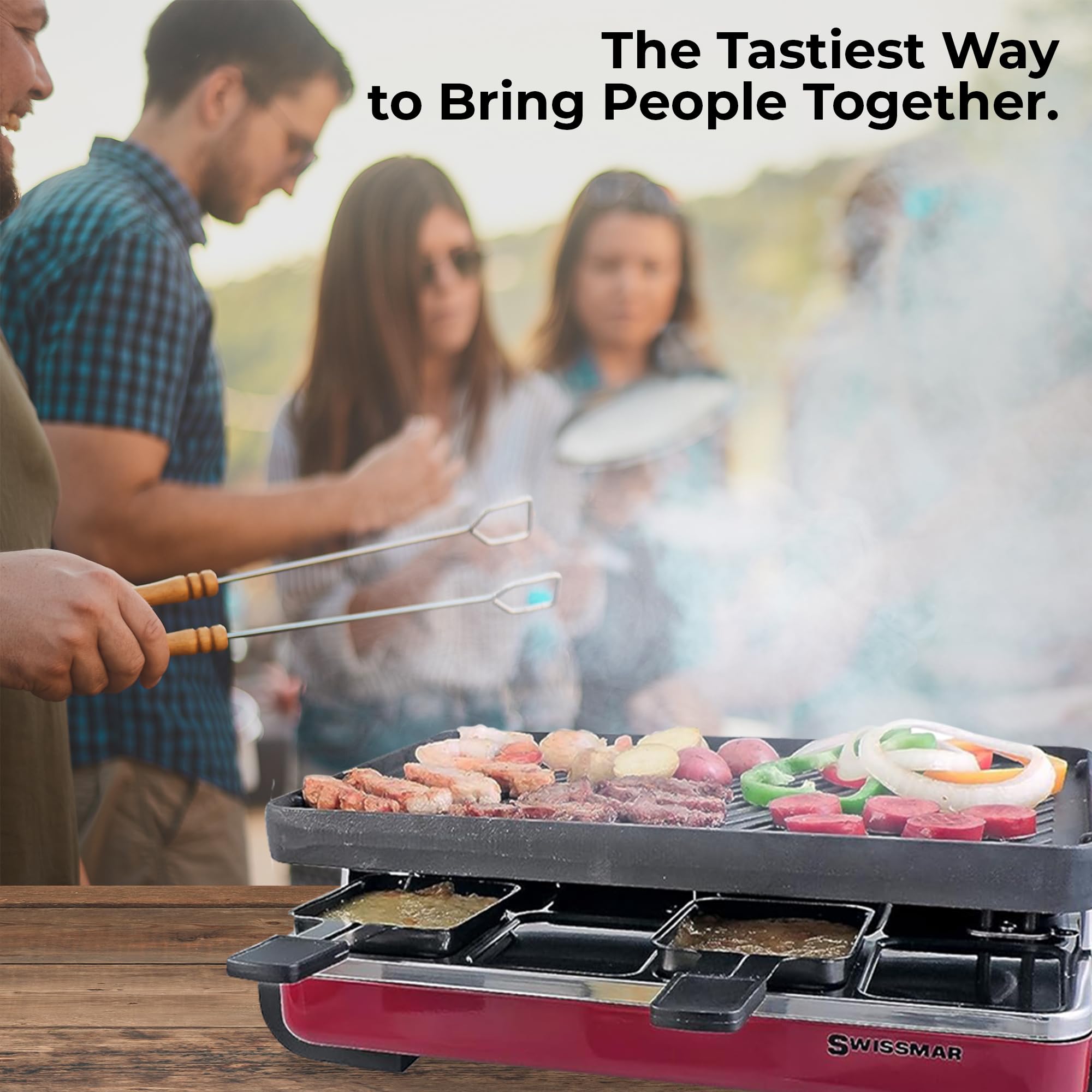 Swissmar Classic 8-Person Electric Raclette Grill with Reversible Cast Iron Grill Plate & Crepe Top - Indoor Party Grill for Family Gatherings & Holiday Entertaining - Red