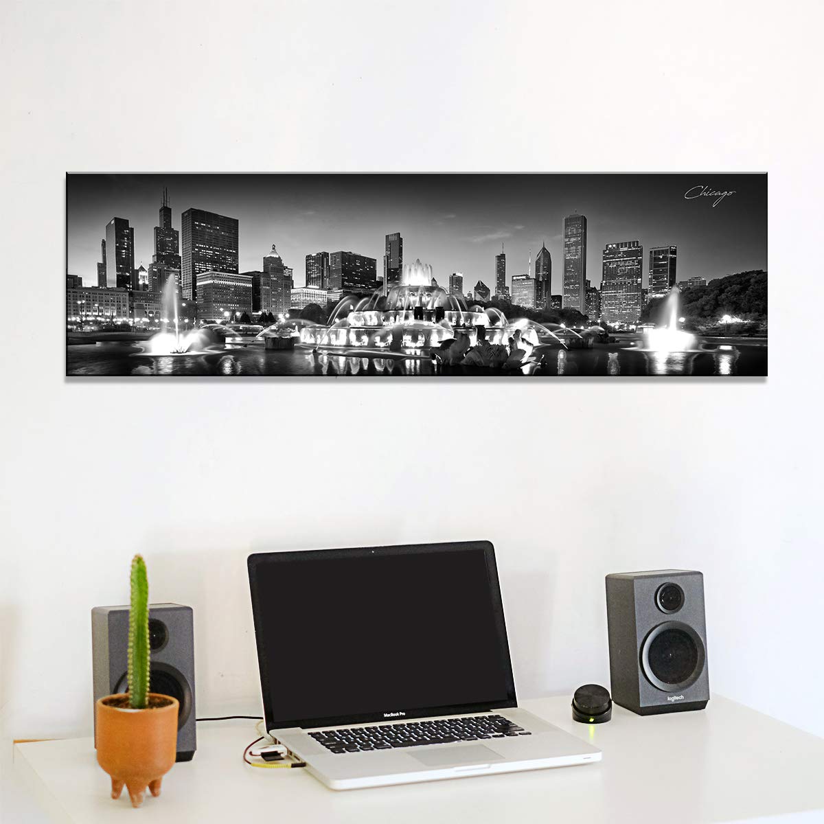 Chicago Skyline Canvas Wall Art - Black & White Panoramic Cityscape Print, Modern Home & Office Decor (14x48