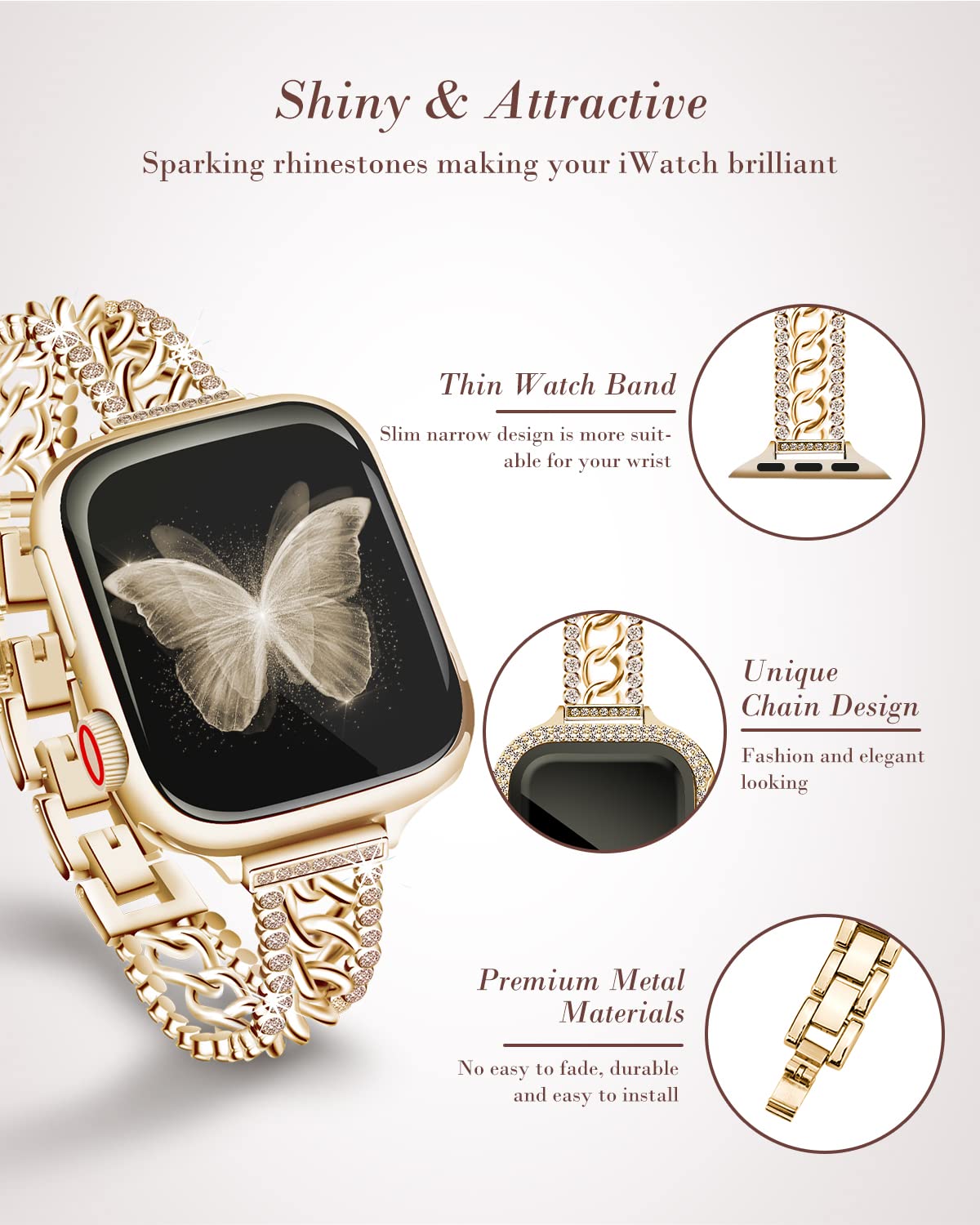 Sparkling Diamond Rhinestone Apple Watch Band 41mm 40mm 38mm - Stainless Steel Metal Bracelet Compatible with iWatch Series 9/8/7/6/5/4/3/2/1/SE - Elegant Dressy Women's Jewelry Watch Strap for Parties, Weddings & Special Occasions