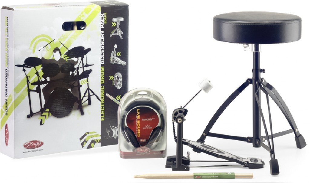 Stagg EDAP 3 Electronic Drum Accessory Pack - Includes Black Headphones, Hickory Drum Sticks, Vinyl Drum Throne & Bass Pedal | Perfect for Home Studios, Live Performances & Drum Practice