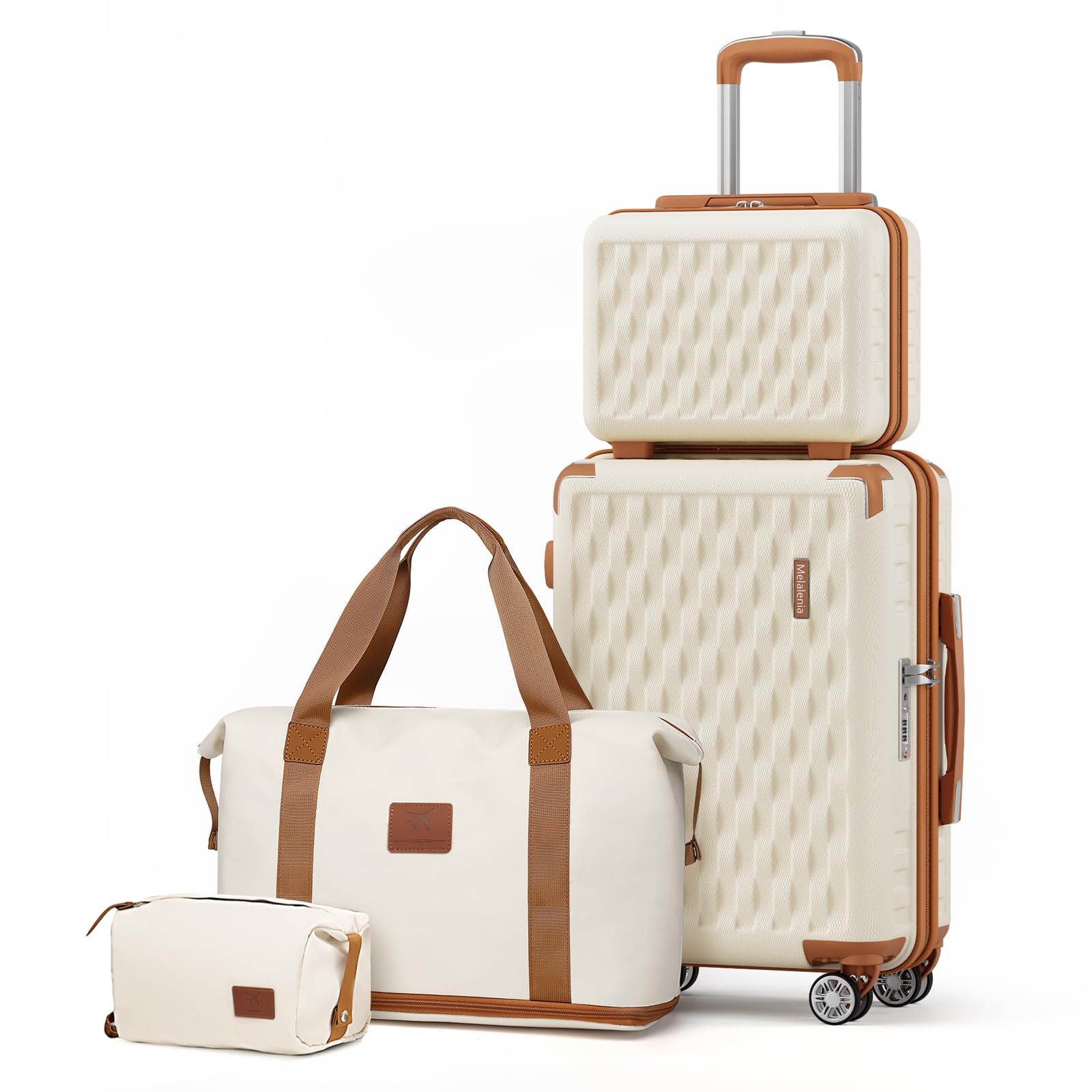 Melalenia 4-Piece Hardside Luggage Set with TSA Lock & 360° Spinner Wheels - Airline Approved Carry-On Suitcase (Beige/Brown) - Perfect for Business Travel, Family Vacations & International Trips