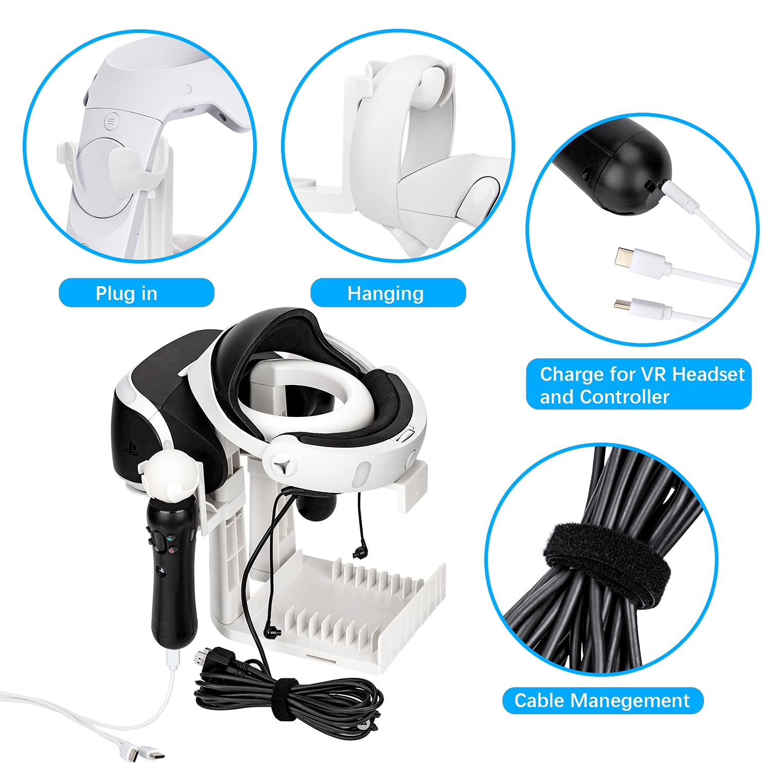 5-in-1 VR Stand & Wall Mount Kit for Oculus Quest 2/Rift/GO/PS VR/HTC Vive - Headset & Controller Holder with Cable Management (White) - Perfect for Gaming Setup & VR Accessories Organization